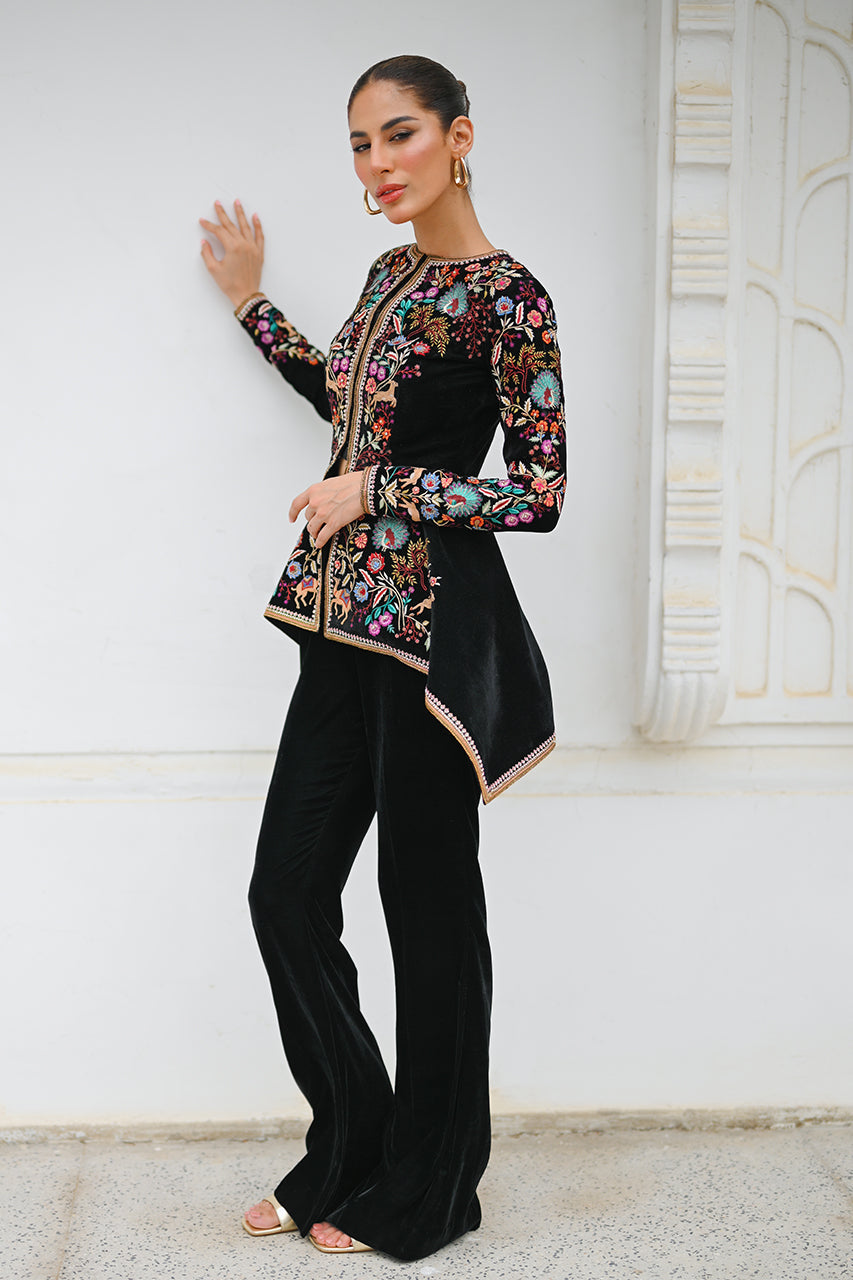 Black Velvet Embroidered Peplum with Bootcut Trousers (2-Piece) - Image 3