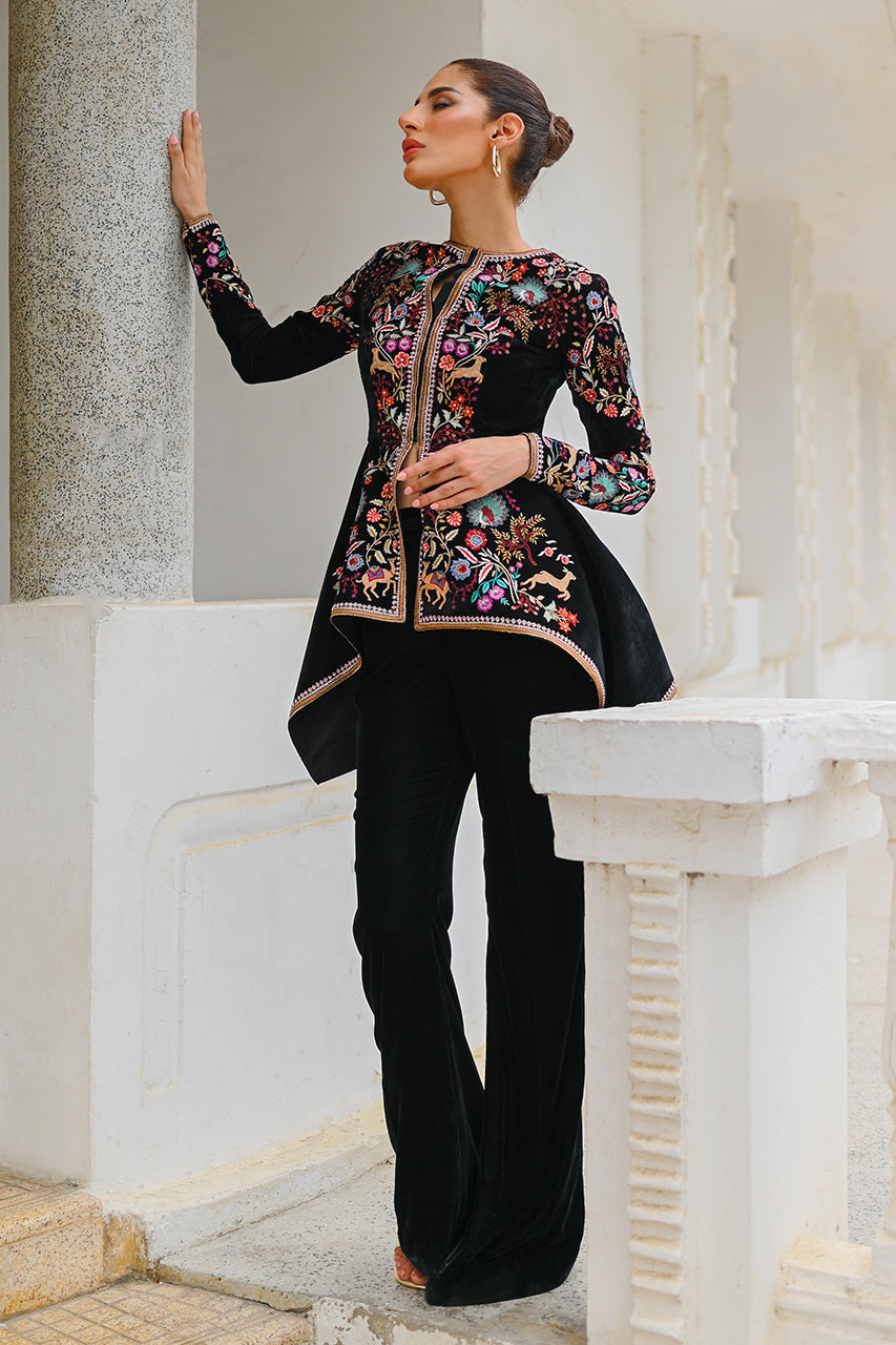 Black Velvet Embroidered Peplum with Bootcut Trousers (2-Piece) - Image 4