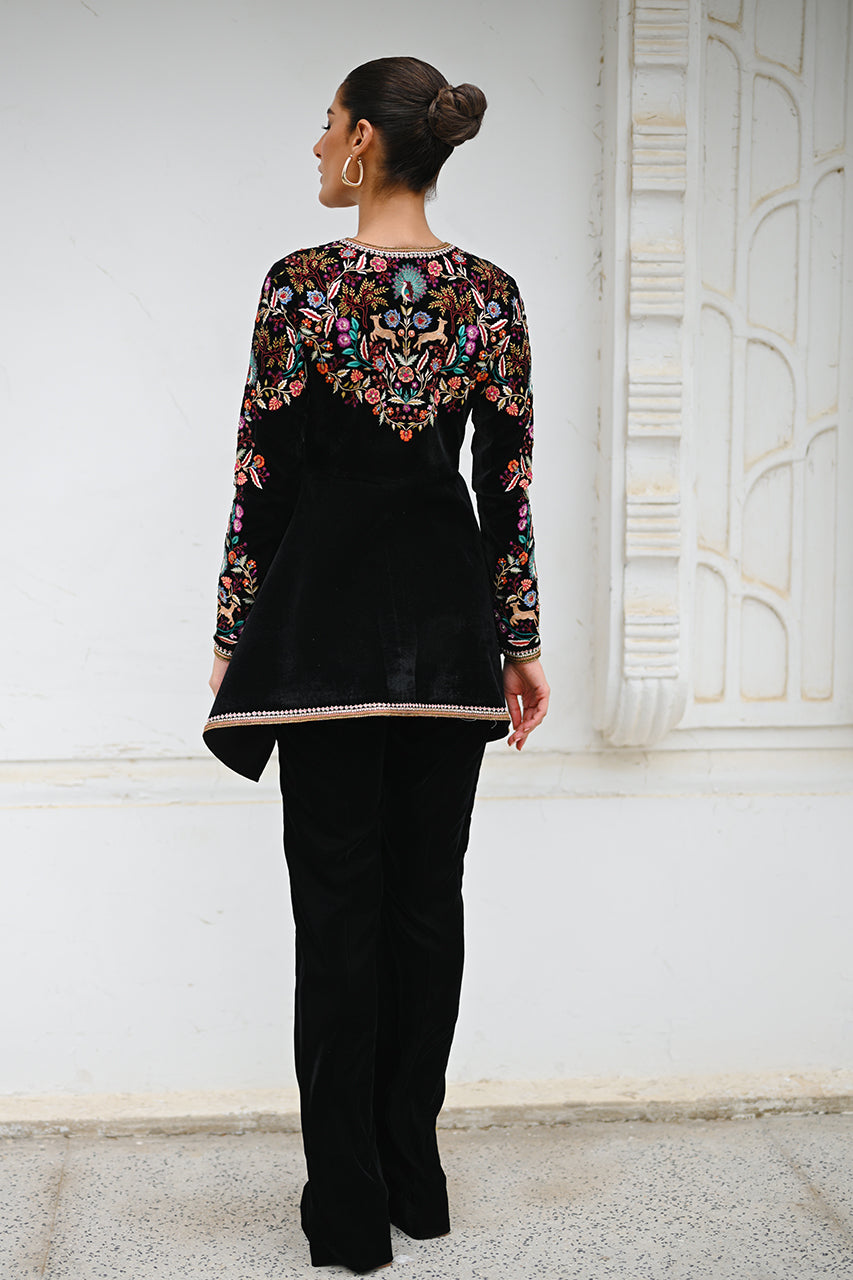 Black Velvet Embroidered Peplum with Bootcut Trousers (2-Piece) - Image 5