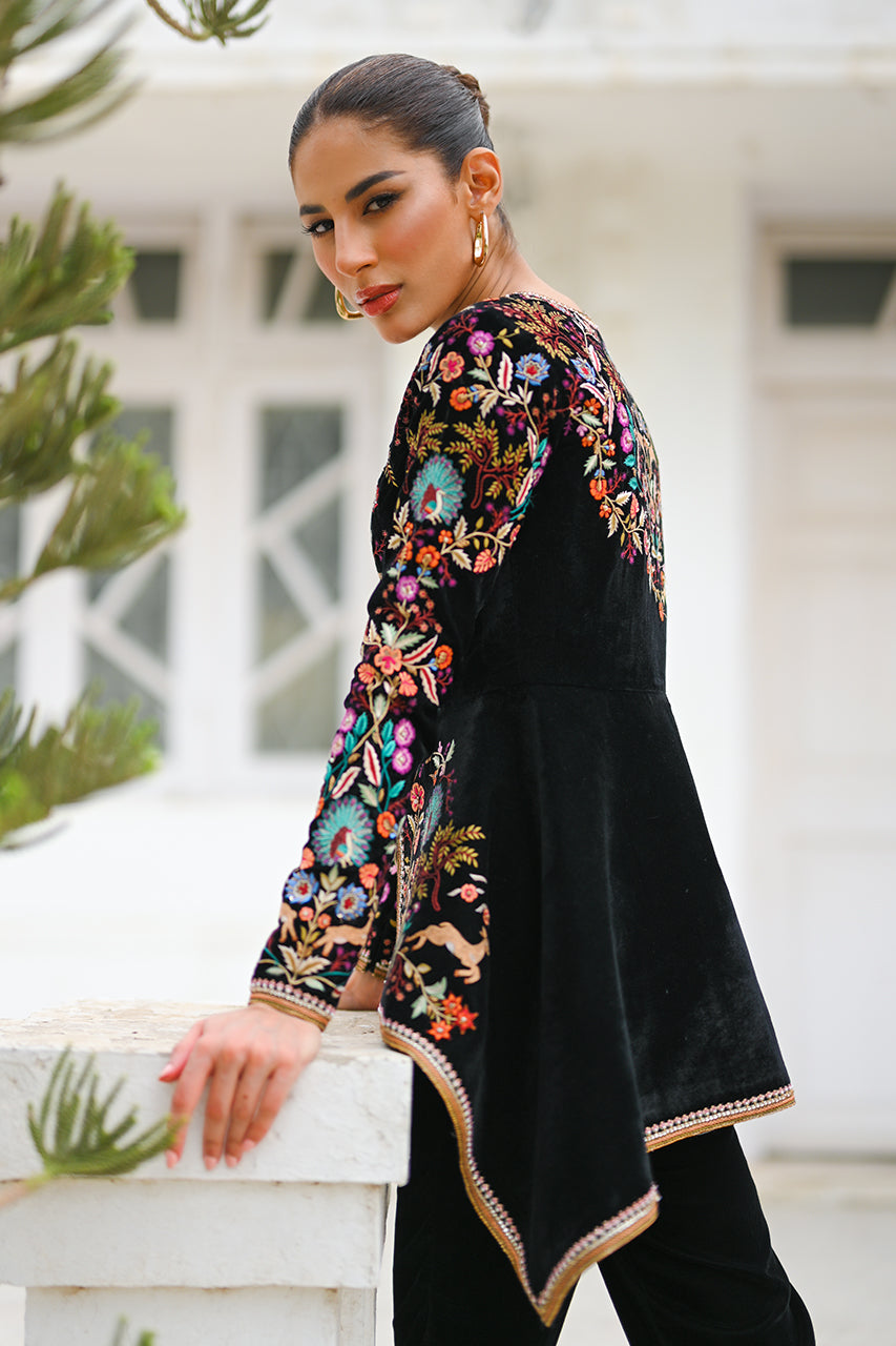 Black Velvet Embroidered Peplum with Bootcut Trousers (2-Piece) - Image 6