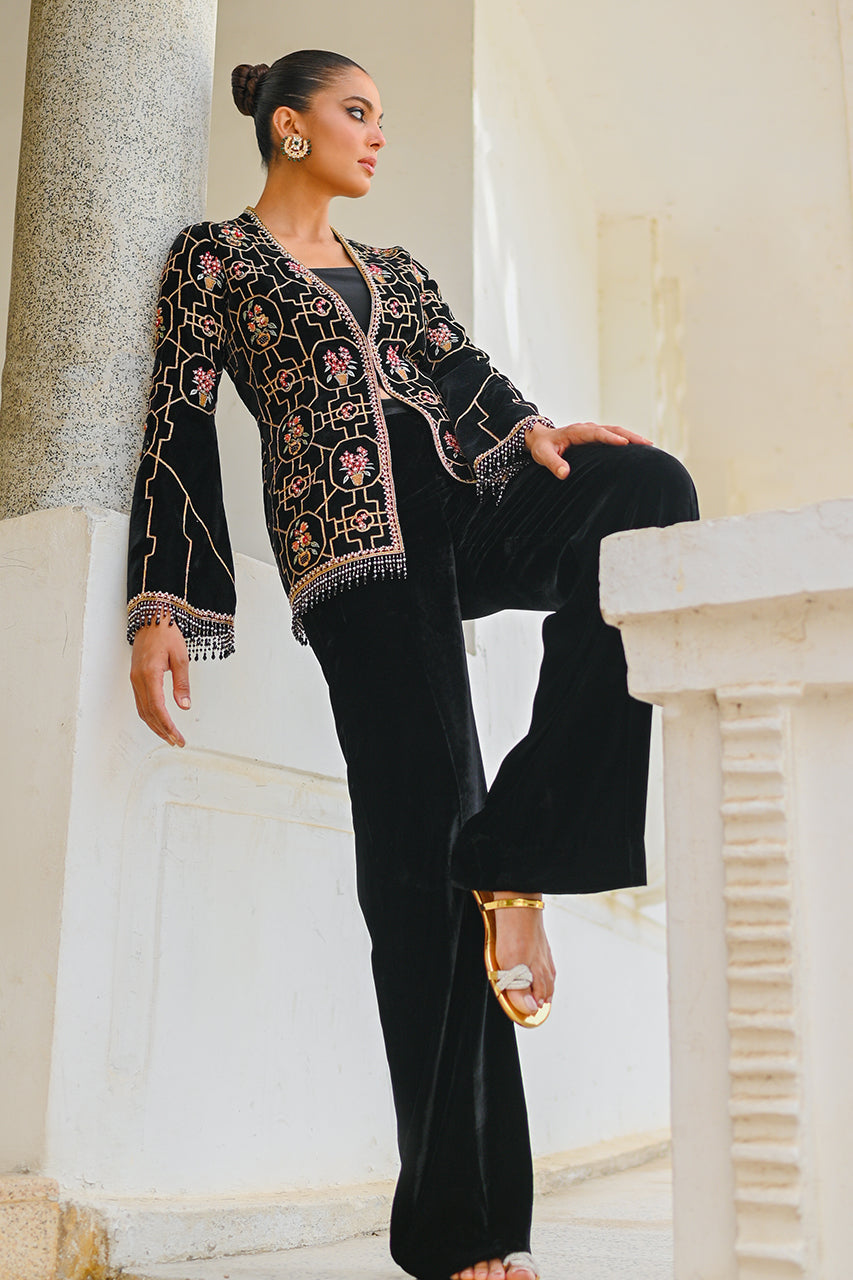 Black Velvet Embroidered Peplum with Bootcut Trousers (2-Piece) - Image 8