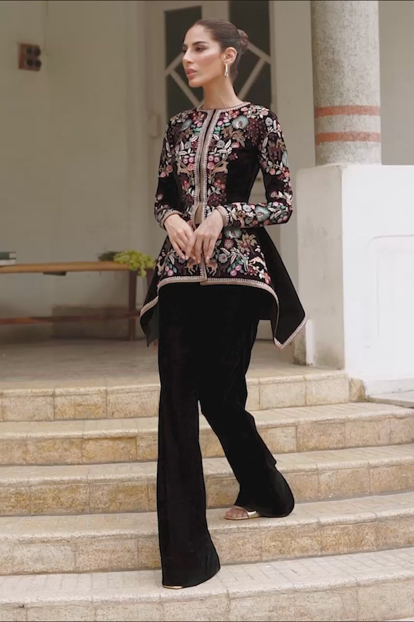 Black Velvet Embroidered Peplum with Bootcut Trousers (2-Piece) - Image 9