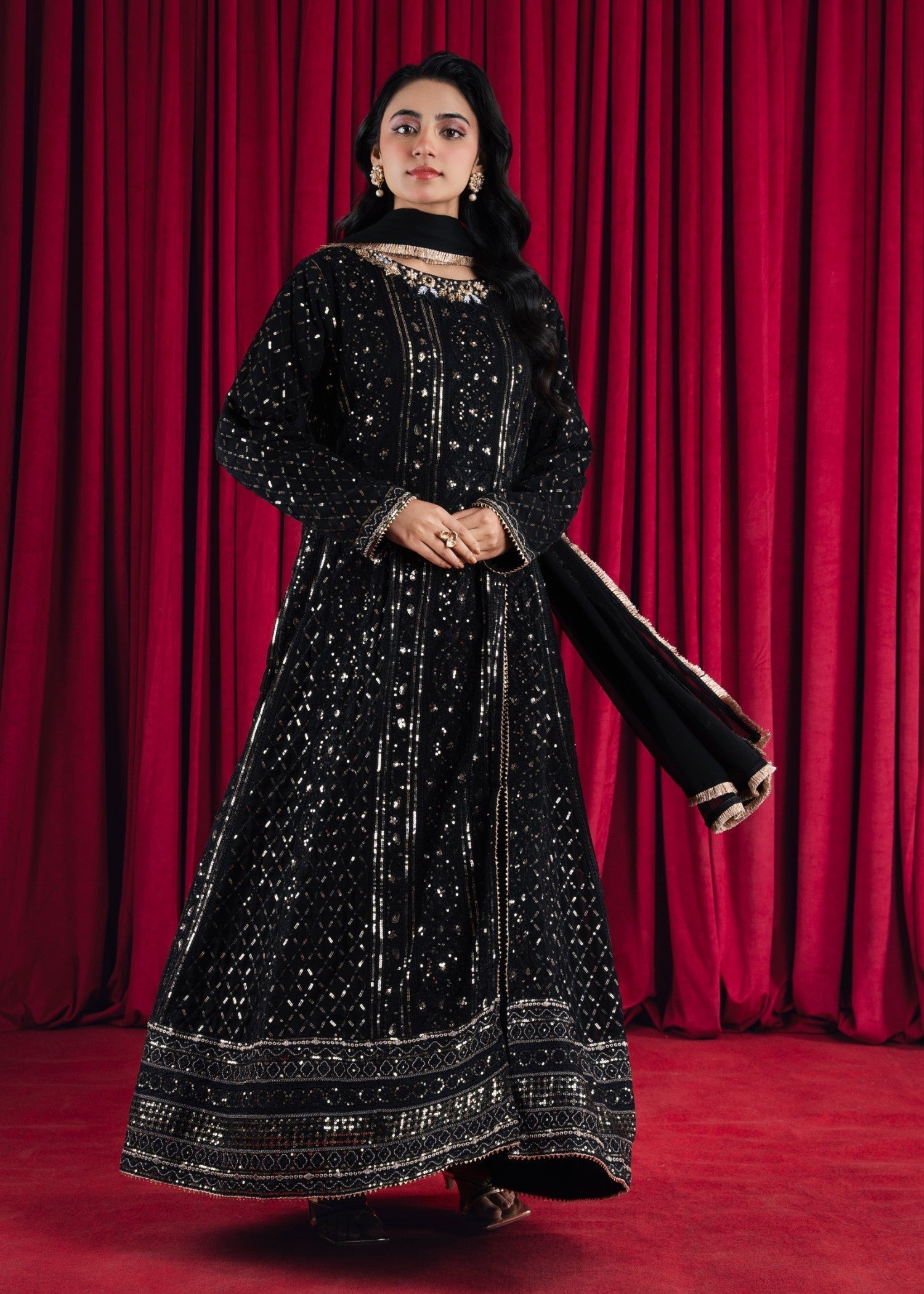 Black Embroidered Chiffon Pishwas Dress (3-Piece) - Image 1