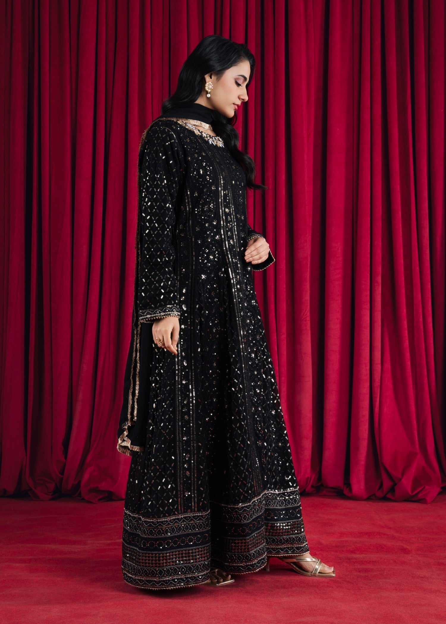 Black Embroidered Chiffon Pishwas Dress (3-Piece) - Image 3
