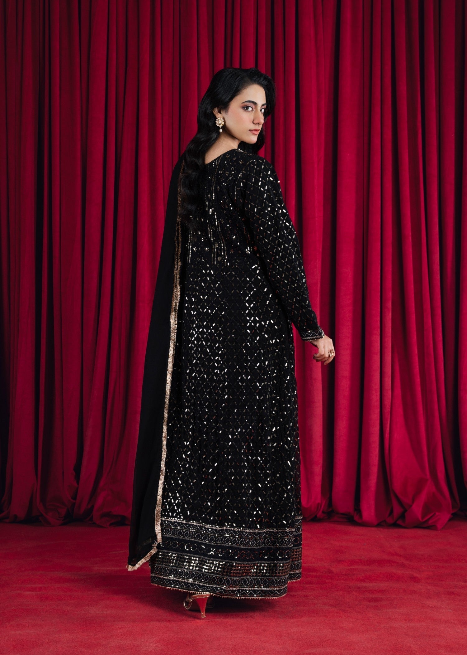 Black Embroidered Chiffon Pishwas Dress (3-Piece) - Image 4