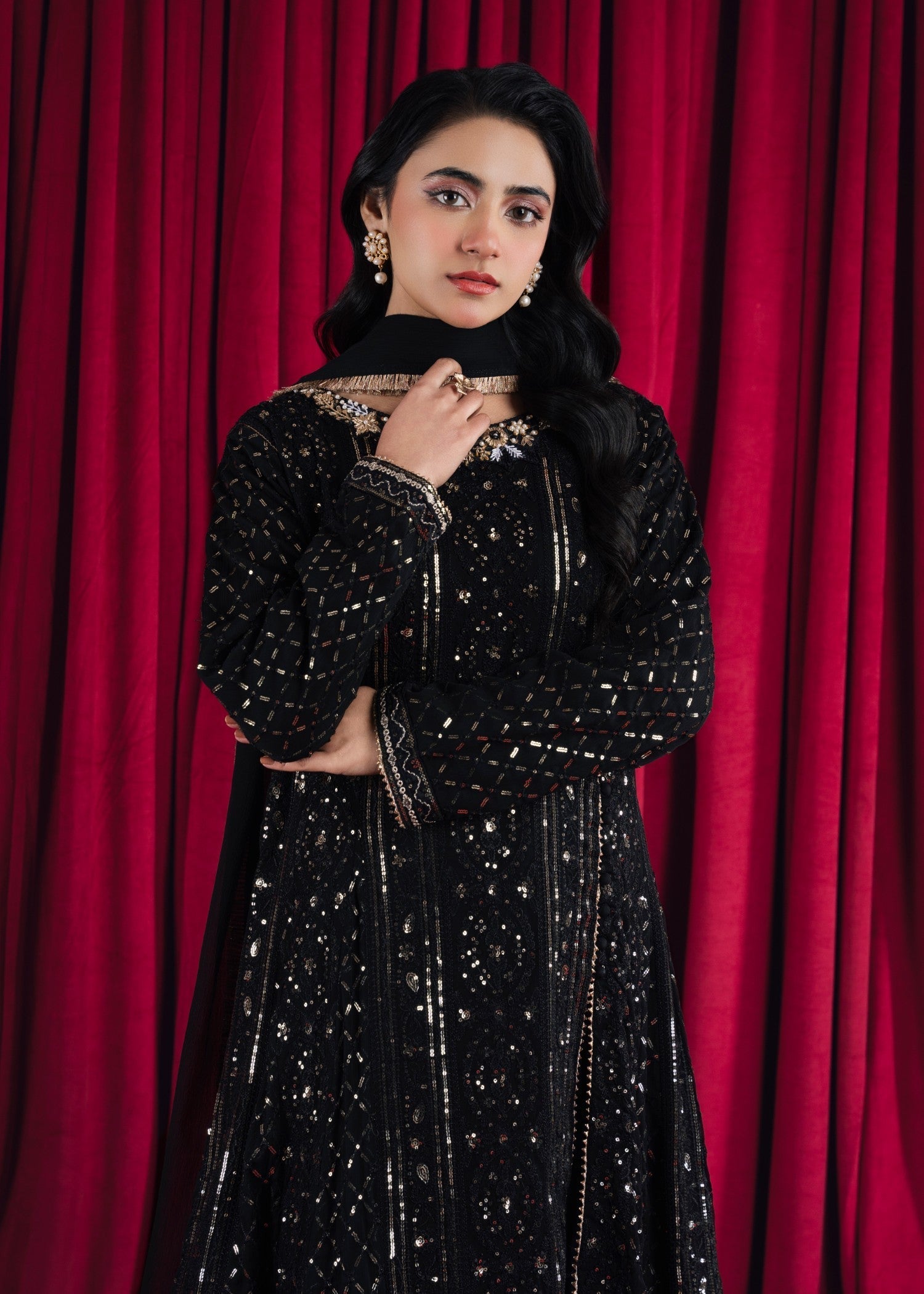 Black Embroidered Chiffon Pishwas Dress (3-Piece) - Image 5