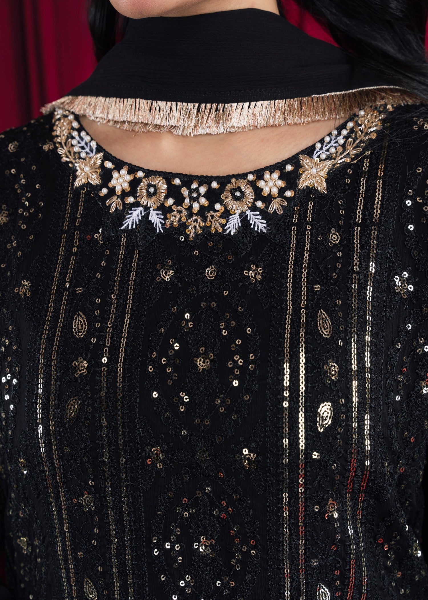 Black Embroidered Chiffon Pishwas Dress (3-Piece) - Image 6