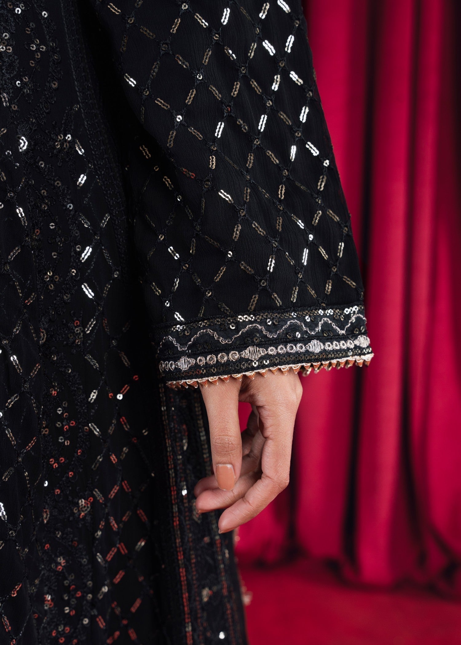 Black Embroidered Chiffon Pishwas Dress (3-Piece) - Image 7