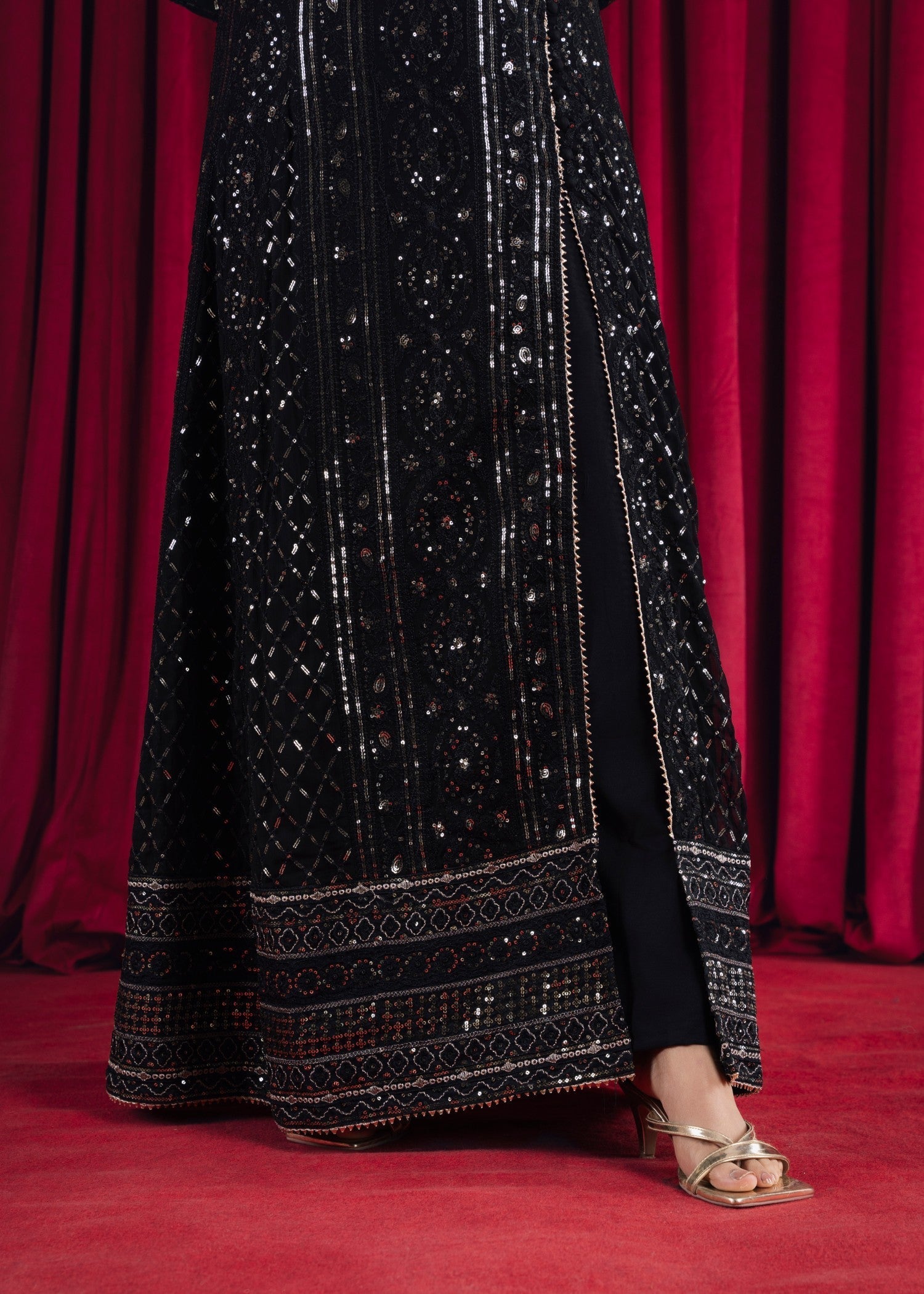 Black Embroidered Chiffon Pishwas Dress (3-Piece) - Image 8