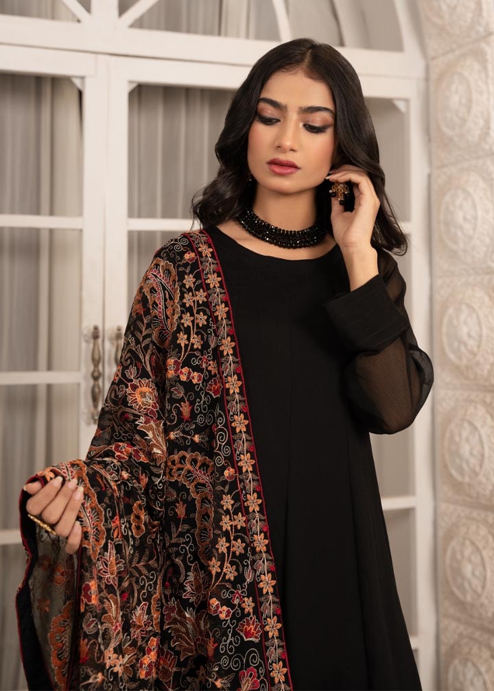 Black Embroidered Chiffon Pishwas Dress (2-Piece) - Image 2