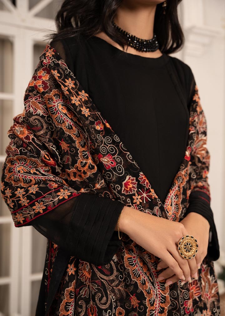 Black Embroidered Chiffon Pishwas Dress (2-Piece) - Image 4