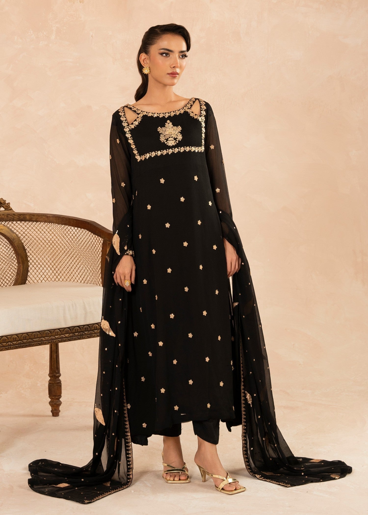 Black Sequin Embroidered Chiffon Pishwas (3-Piece) - Image 1