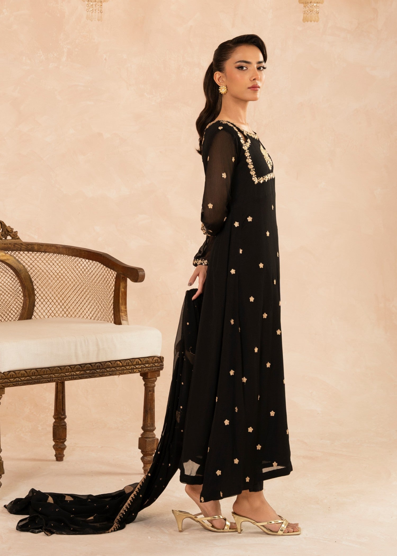Black Sequin Embroidered Chiffon Pishwas (3-Piece) - Image 2
