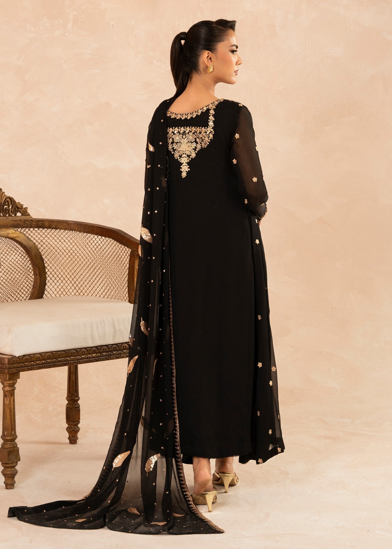 Black Sequin Embroidered Chiffon Pishwas (3-Piece) - Image 3