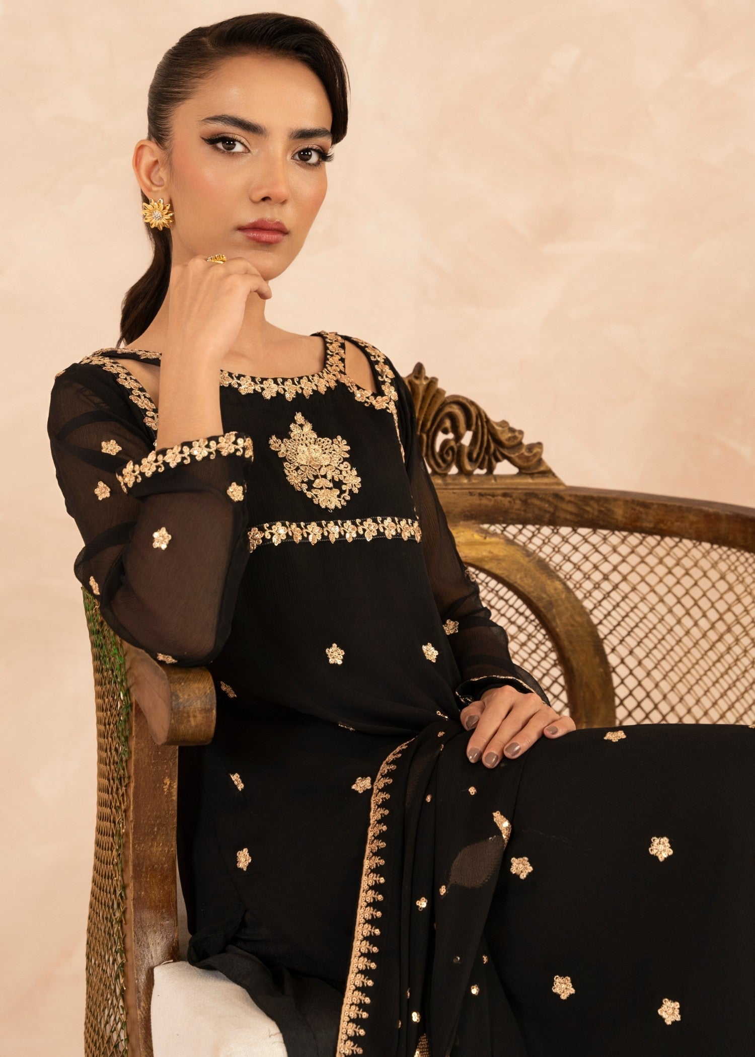 Black Sequin Embroidered Chiffon Pishwas (3-Piece) - Image 4