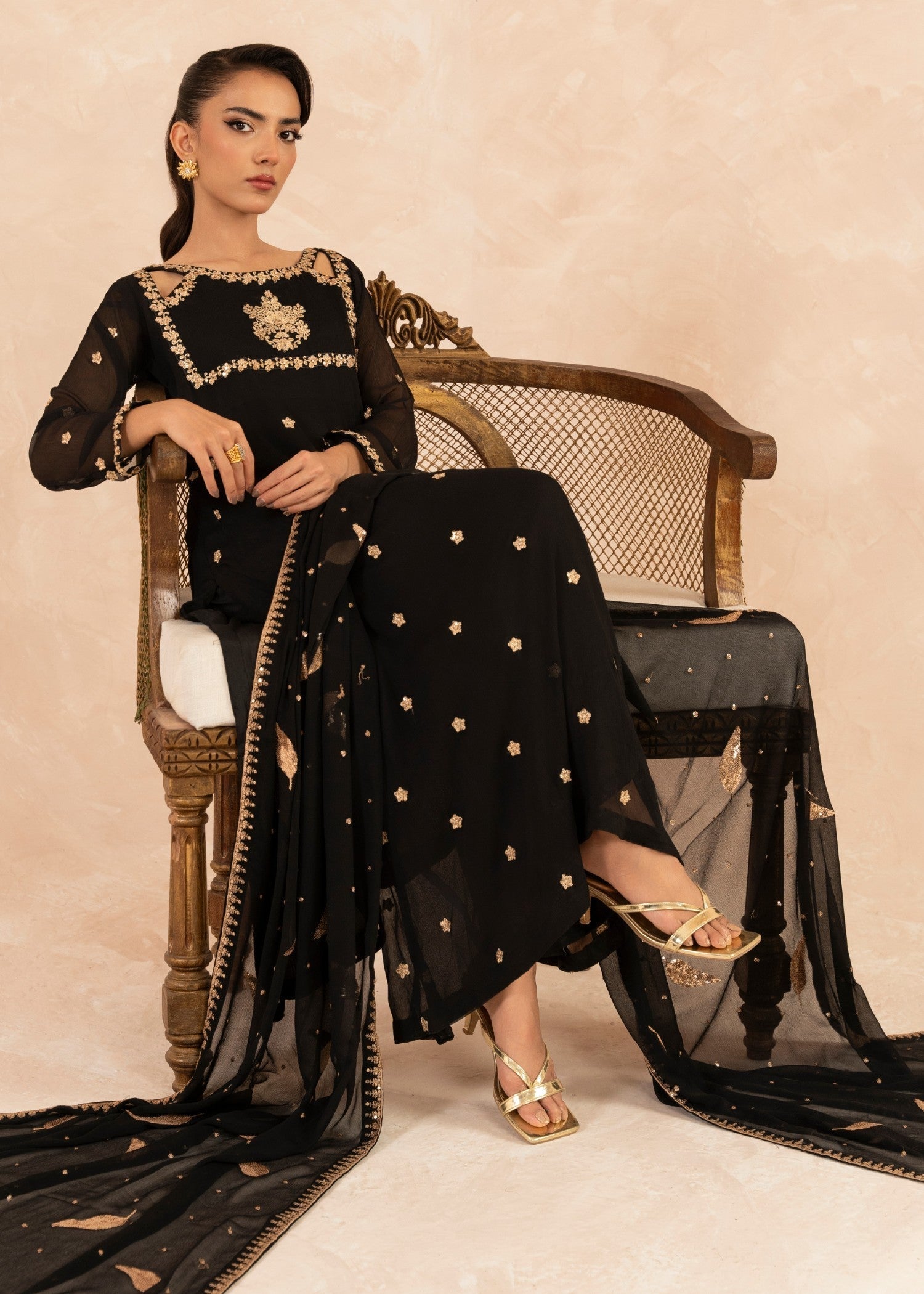 Black Sequin Embroidered Chiffon Pishwas (3-Piece) - Image 5