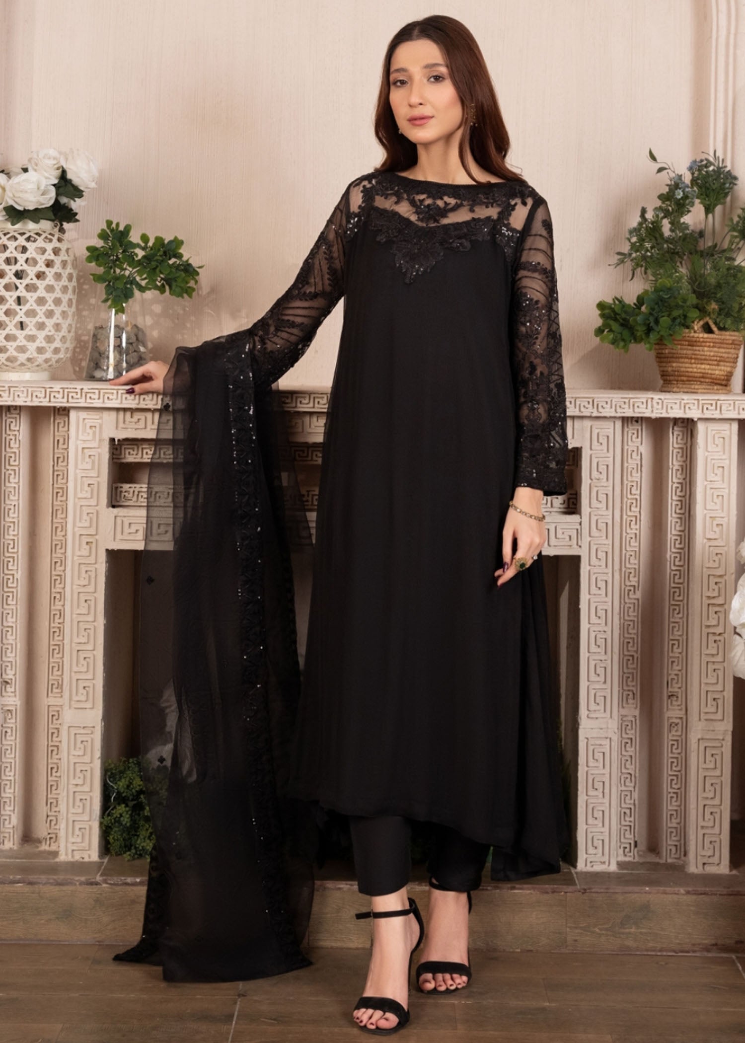 Black Sequin Embroidered Chiffon Pishwas (3-Piece) - Image 1