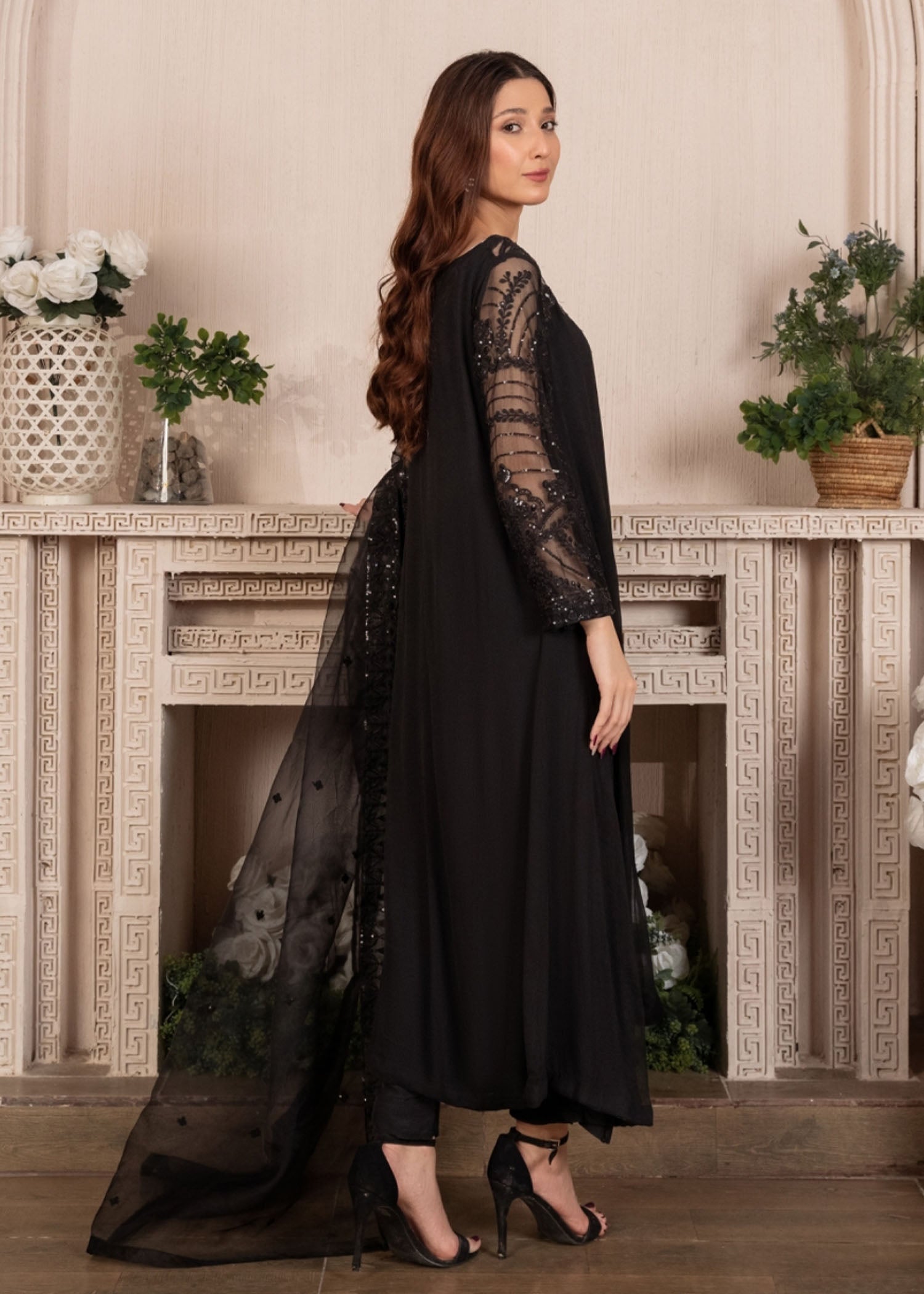 Black Sequin Embroidered Chiffon Pishwas (3-Piece) - Image 5