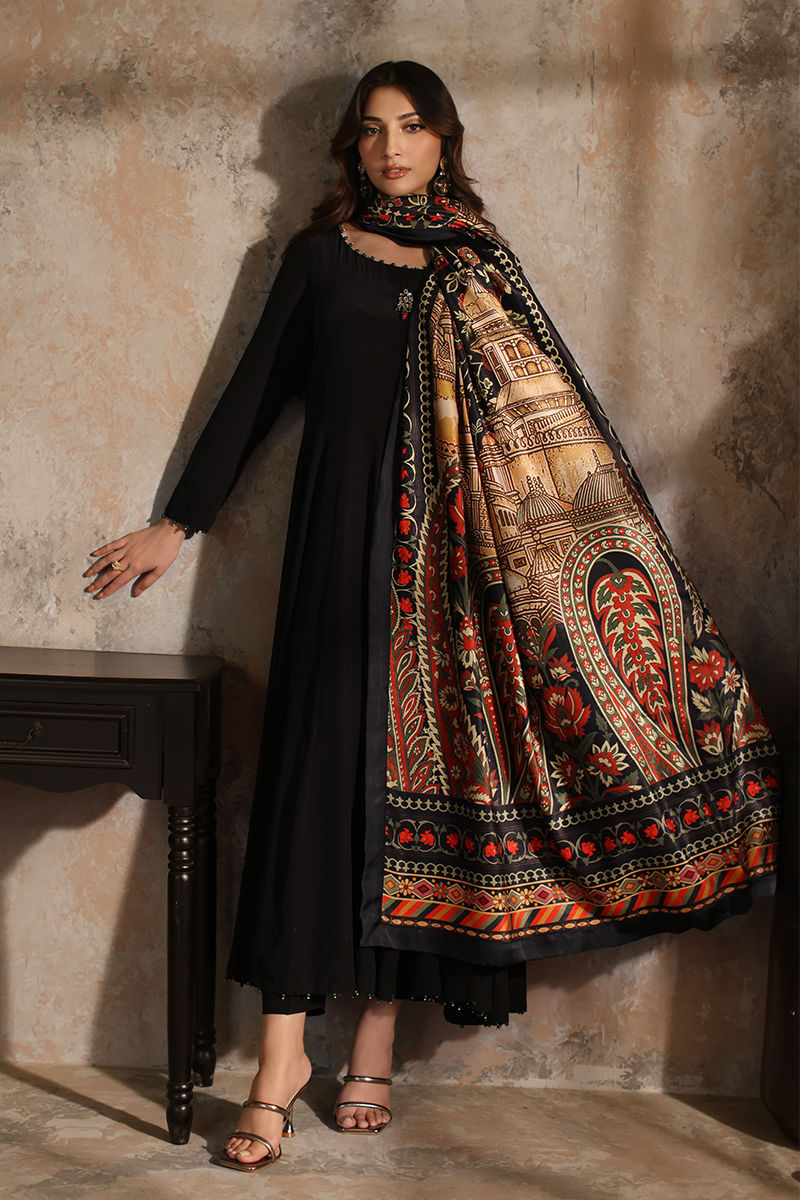 Black Printed Velvet Grip Silk Pishwas (3-Piece) - Image 2