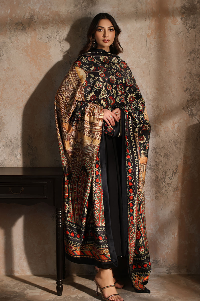 Black Printed Velvet Grip Silk Pishwas (3-Piece) - Image 4