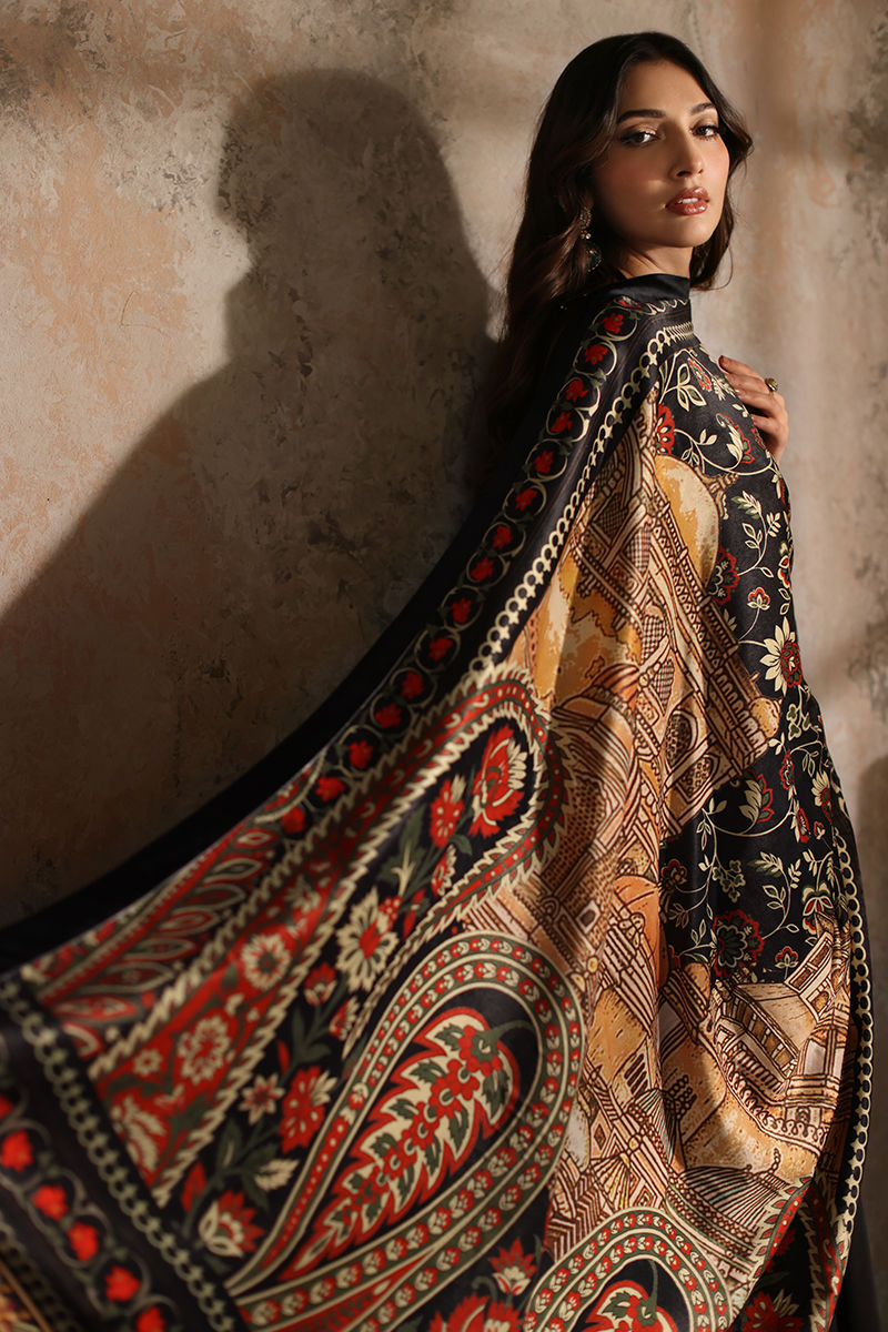 Black Printed Velvet Grip Silk Pishwas (3-Piece) - Image 5