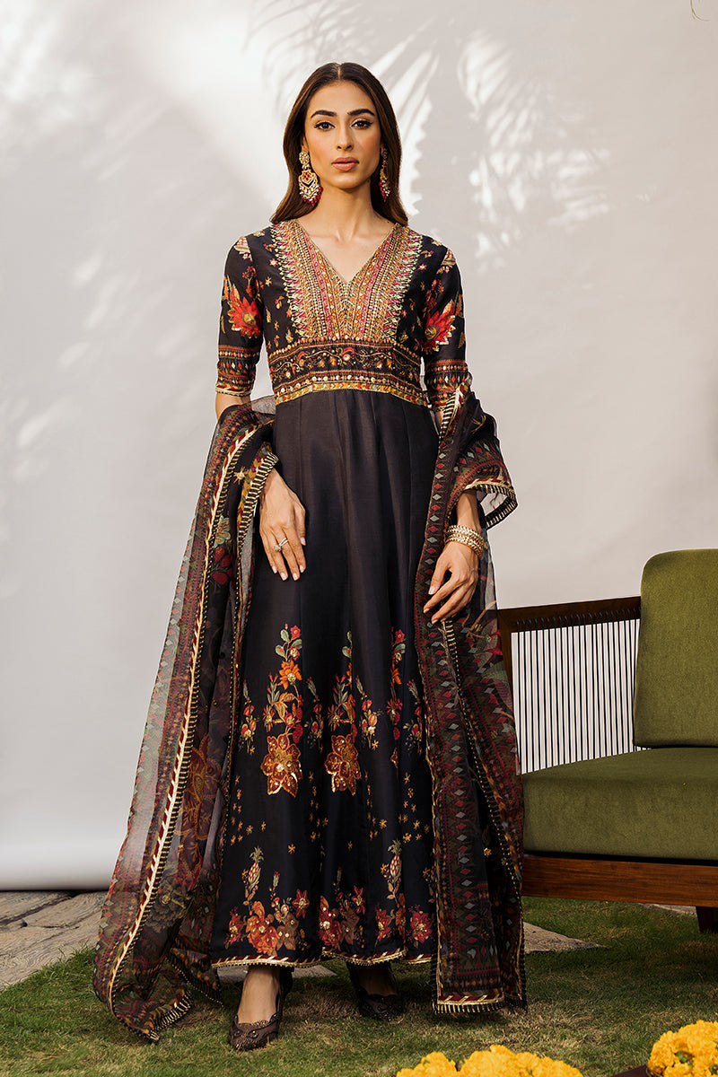 Pakistani Black Embroidered Raw Silk Pishwas Dress (2-Piece) - Image 1