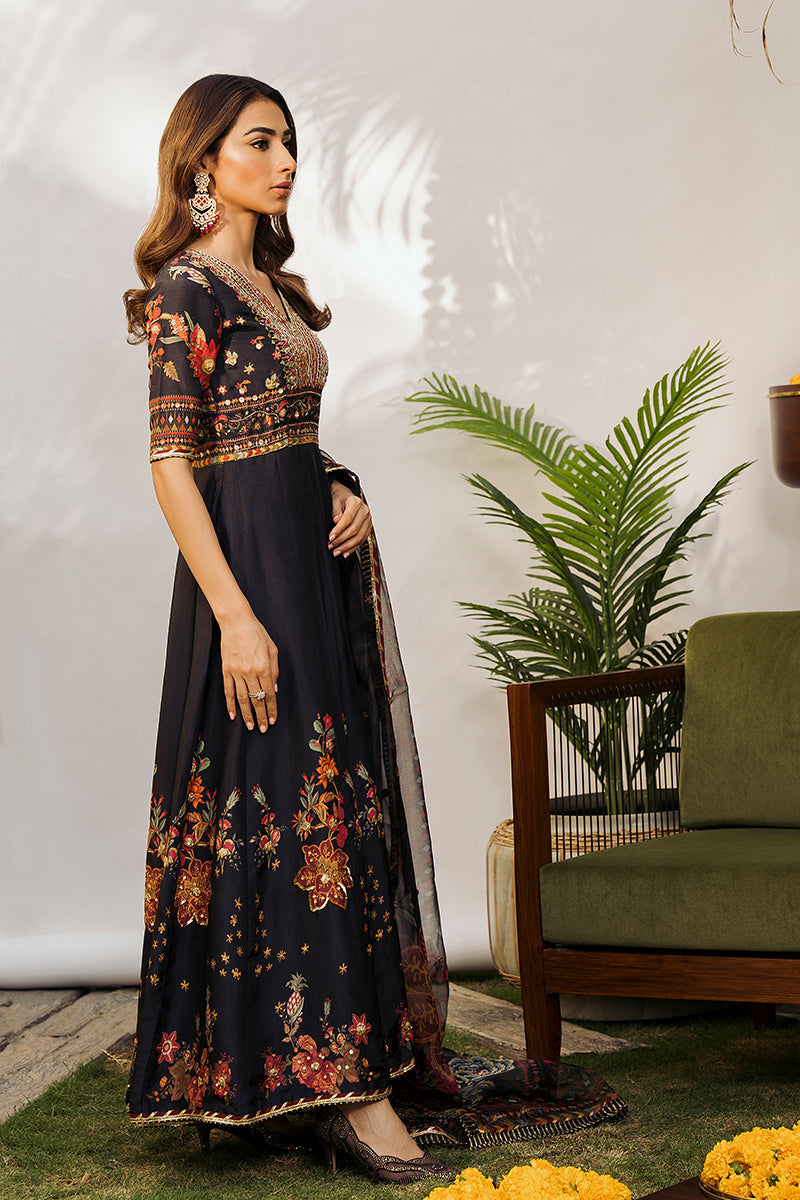 Pakistani Black Embroidered Raw Silk Pishwas Dress (2-Piece) - Image 3