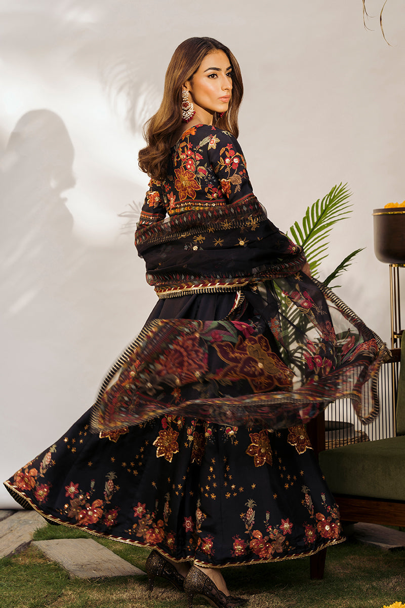 Pakistani Black Embroidered Raw Silk Pishwas Dress (2-Piece) - Image 4