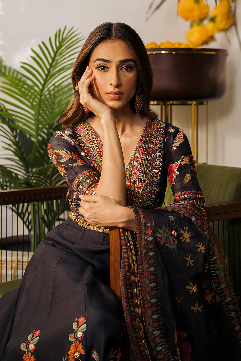 Pakistani Black Embroidered Raw Silk Pishwas Dress (2-Piece) - Image 5