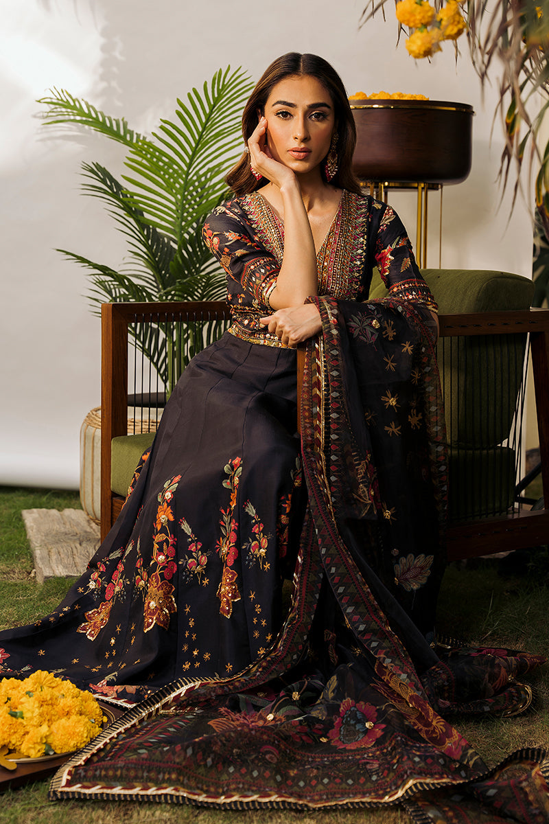 Pakistani Black Embroidered Raw Silk Pishwas Dress (2-Piece) - Image 6