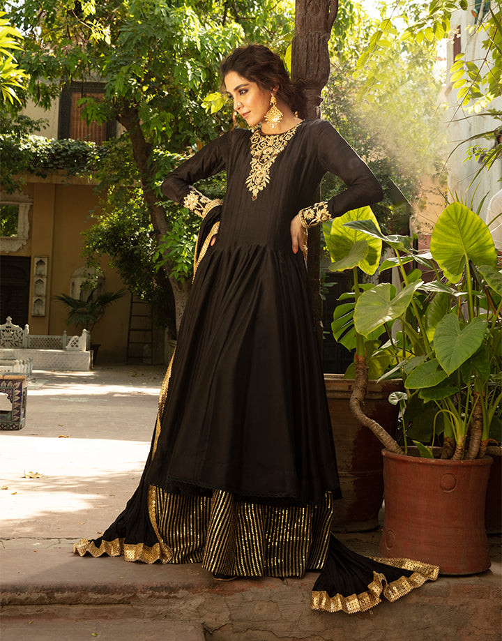 Black Zardozi Korean Raw Silk Pishwas (3-Piece) - Image 10