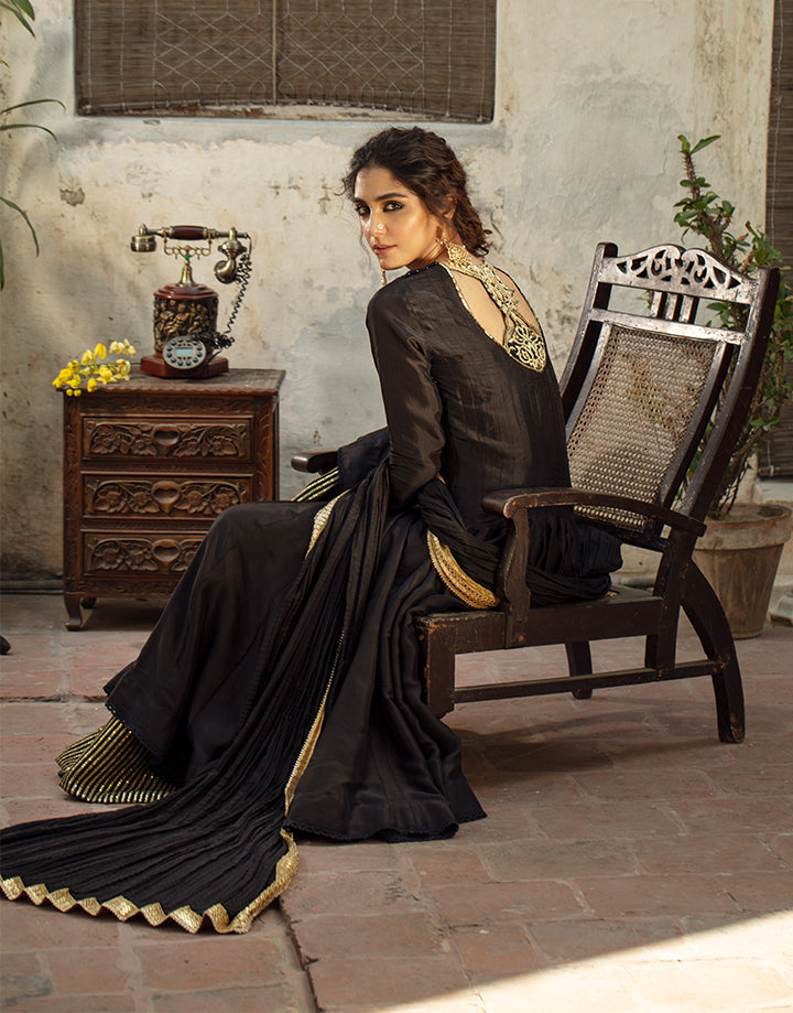 Black Zardozi Korean Raw Silk Pishwas (3-Piece) - Image 2