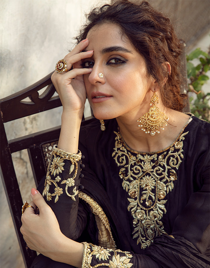 Black Zardozi Korean Raw Silk Pishwas (3-Piece) - Image 4