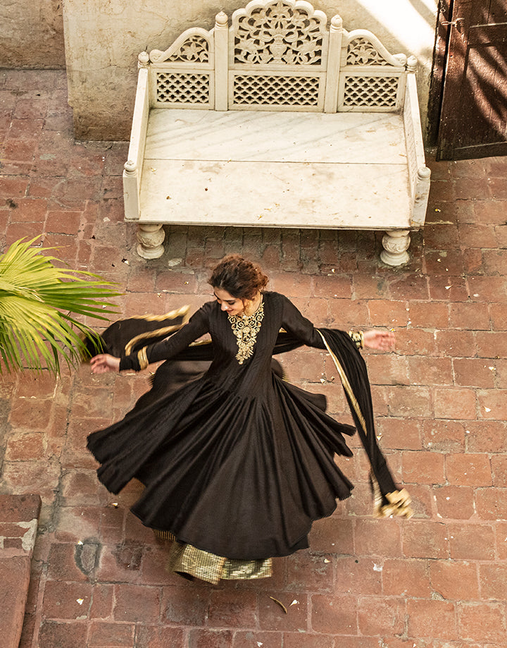 Black Zardozi Korean Raw Silk Pishwas (3-Piece) - Image 9