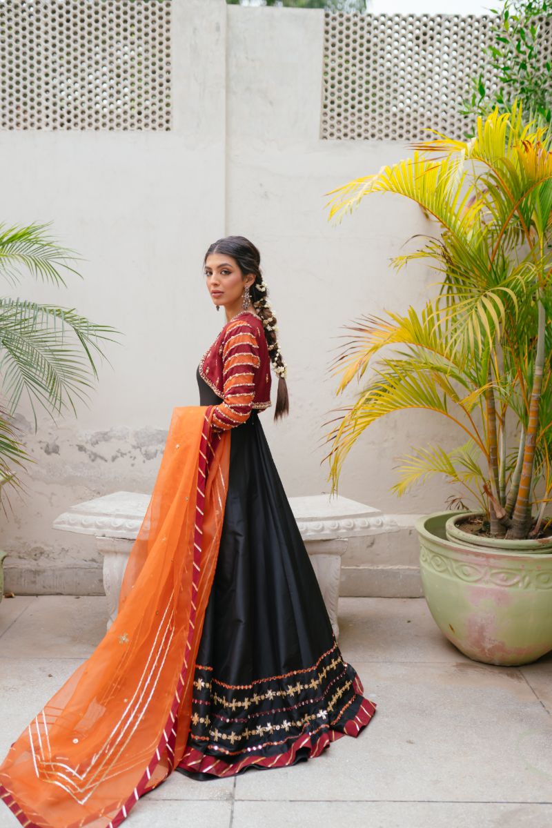 Pakistani Black Embroidered Silk Pishwas Dress (3-Piece) - Image 9