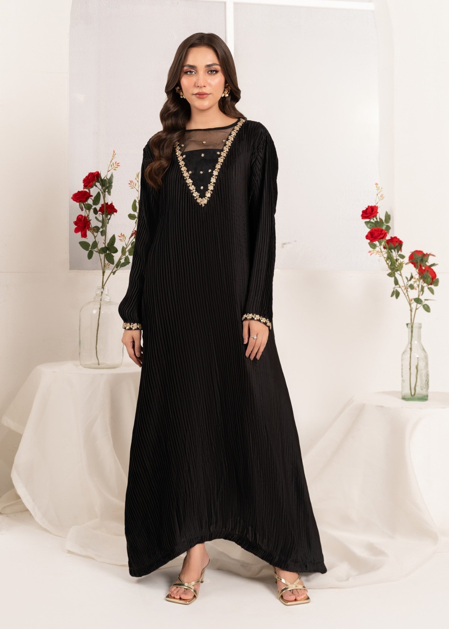 Pakistani Black Sequin Embroidered Silk Pishwas (2-Piece) - Image 1