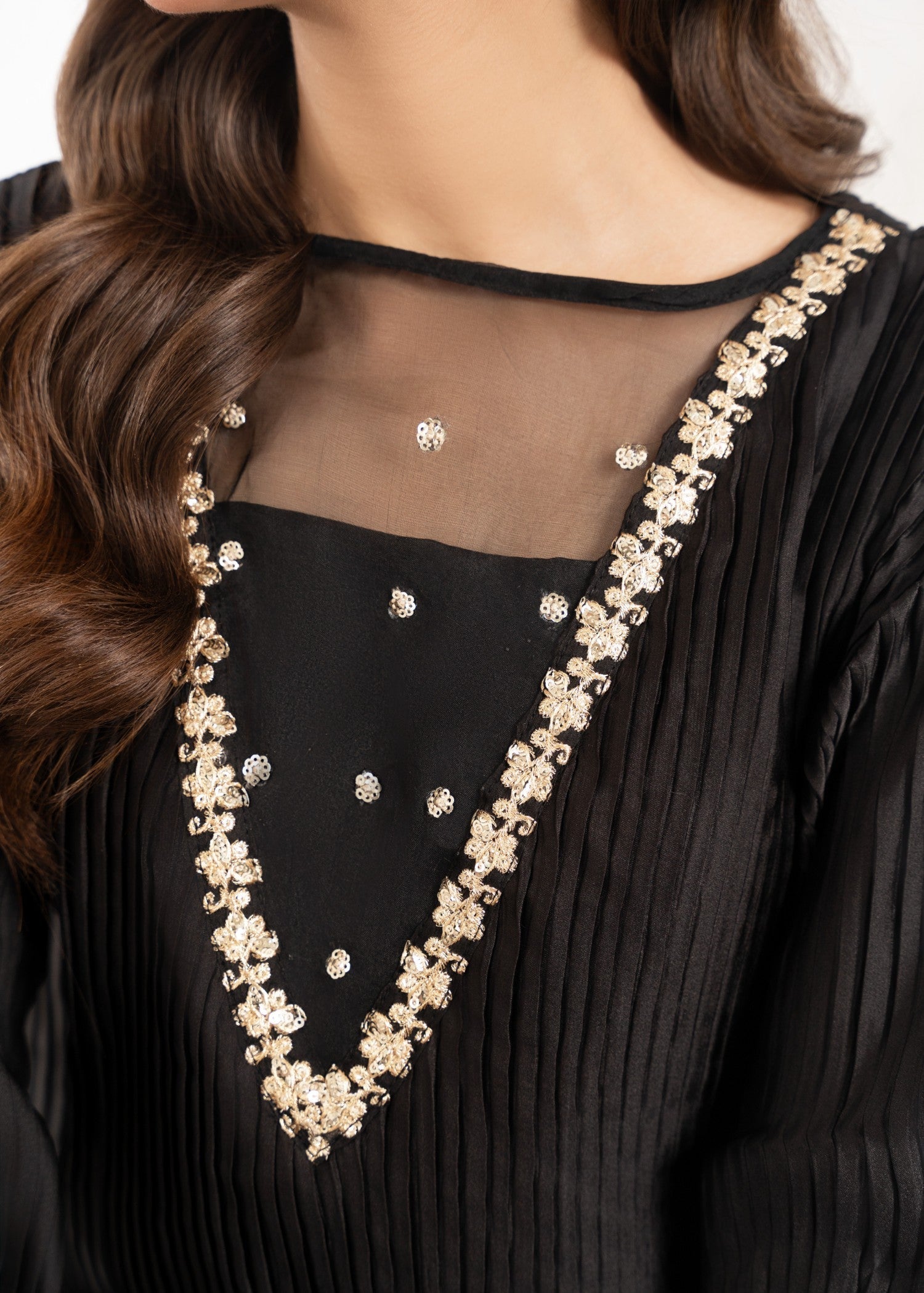 Pakistani Black Sequin Embroidered Silk Pishwas (2-Piece) - Image 10