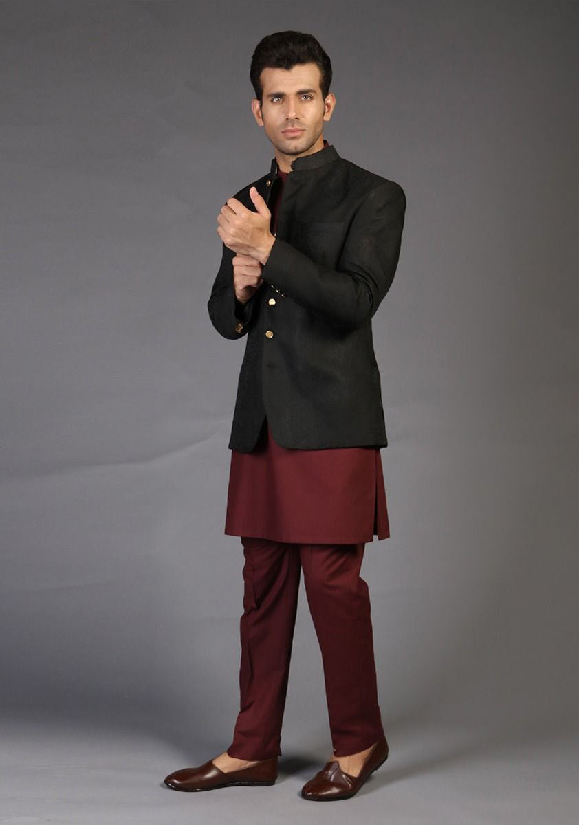 Tap Shoe Black Woven Cotton Jamawar Prince Coat (3-Piece) - Image 2