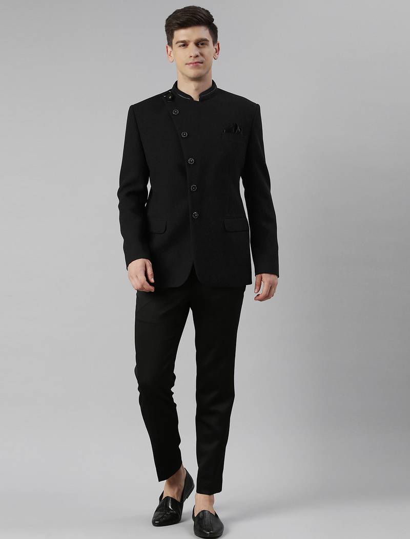 Black Leather-Trim Cotton Knit Bandhgala Suit (2-Piece) - Image 1