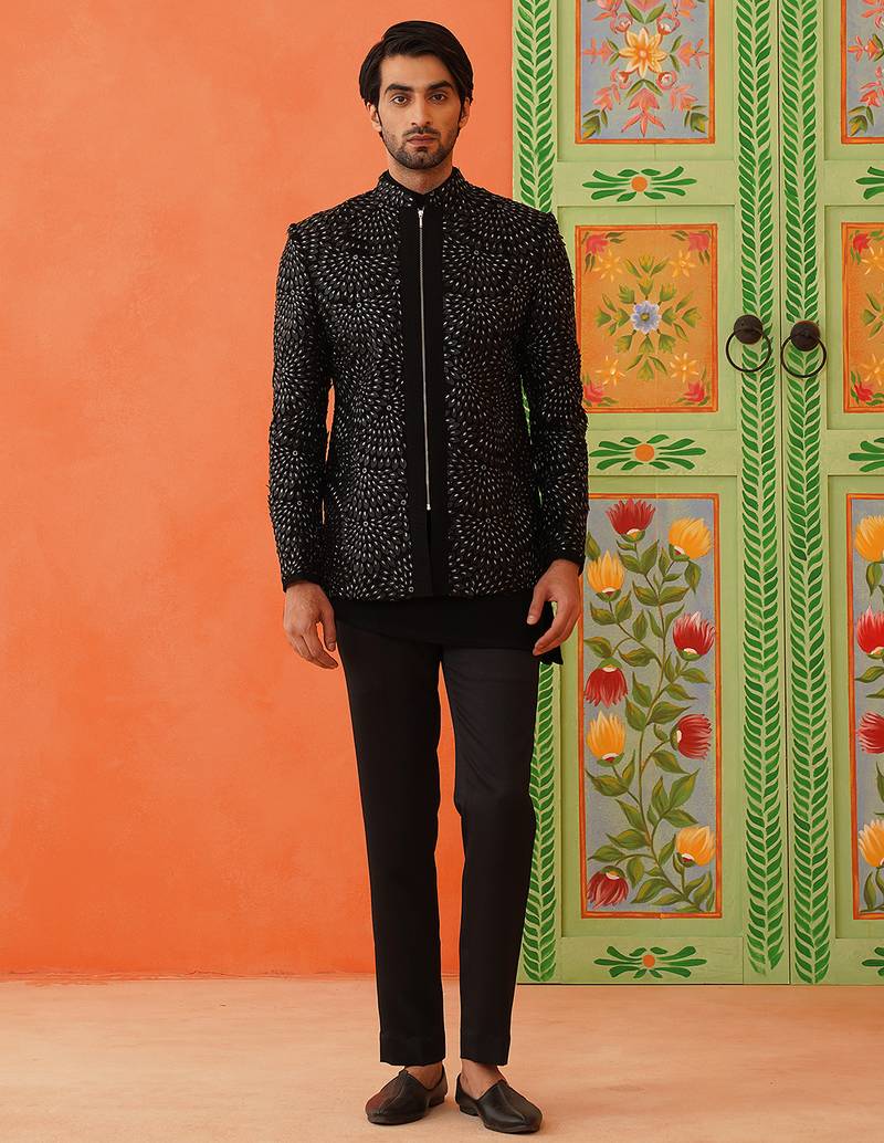 Black Woven Cotton Bandhgala Suit (2-Piece) - Image 1