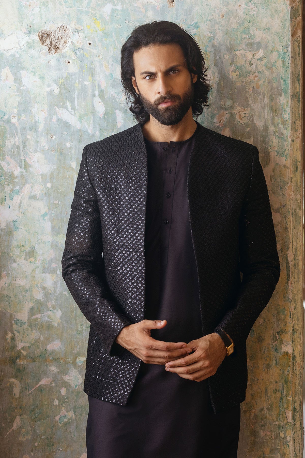 Black Embroidered Prince Coat with Kurta Pajama (3-Piece) - Image 1