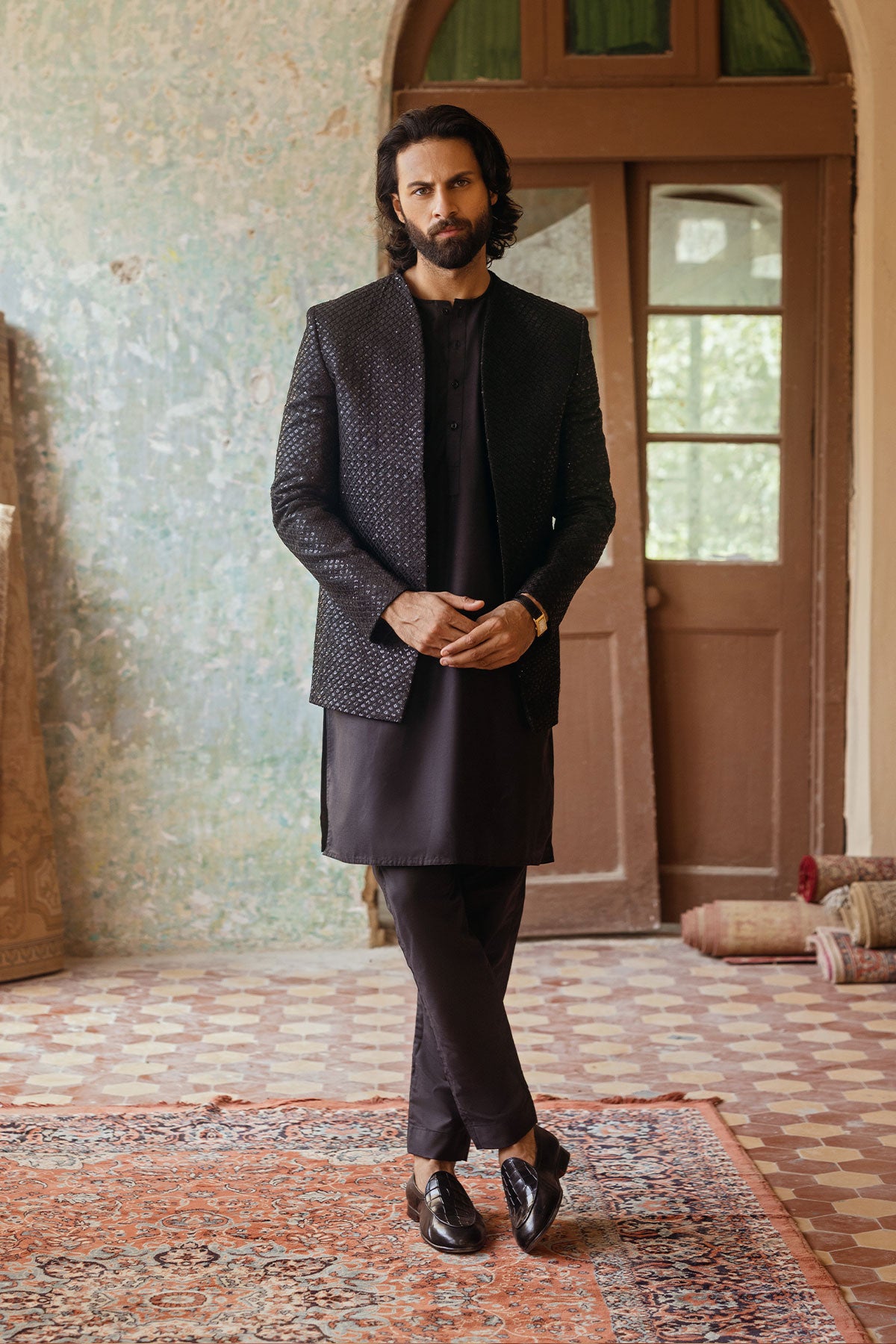 Black Embroidered Prince Coat with Kurta Pajama (3-Piece) - Image 2