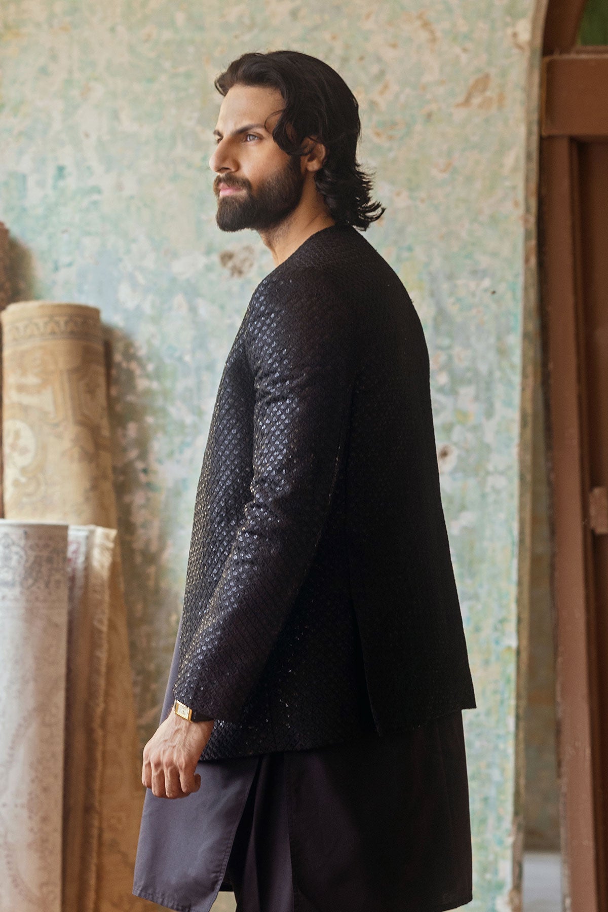 Black Embroidered Prince Coat with Kurta Pajama (3-Piece) - Image 3