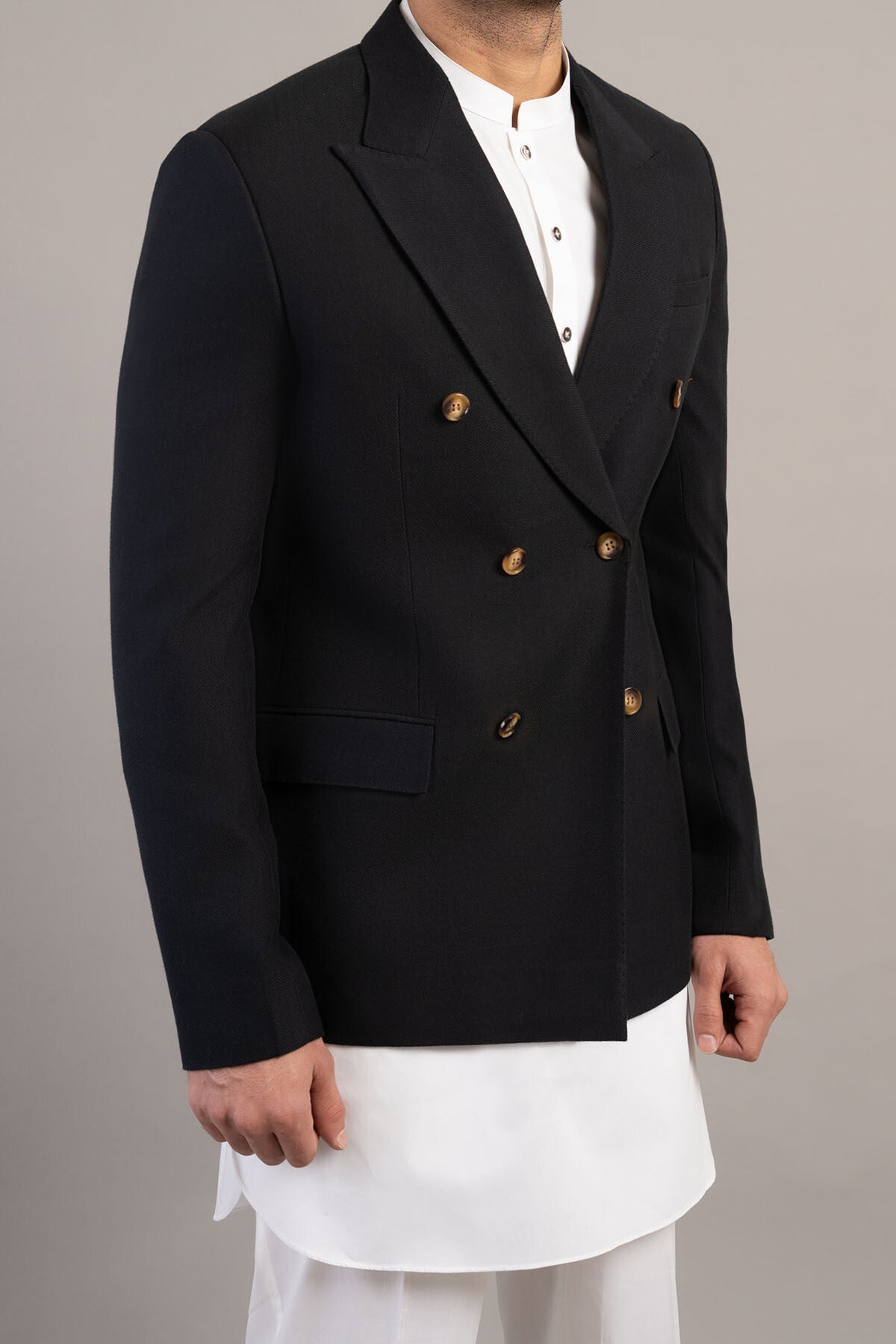Black Handloom Prince Coat Blazer (1-Pc) - Image 1