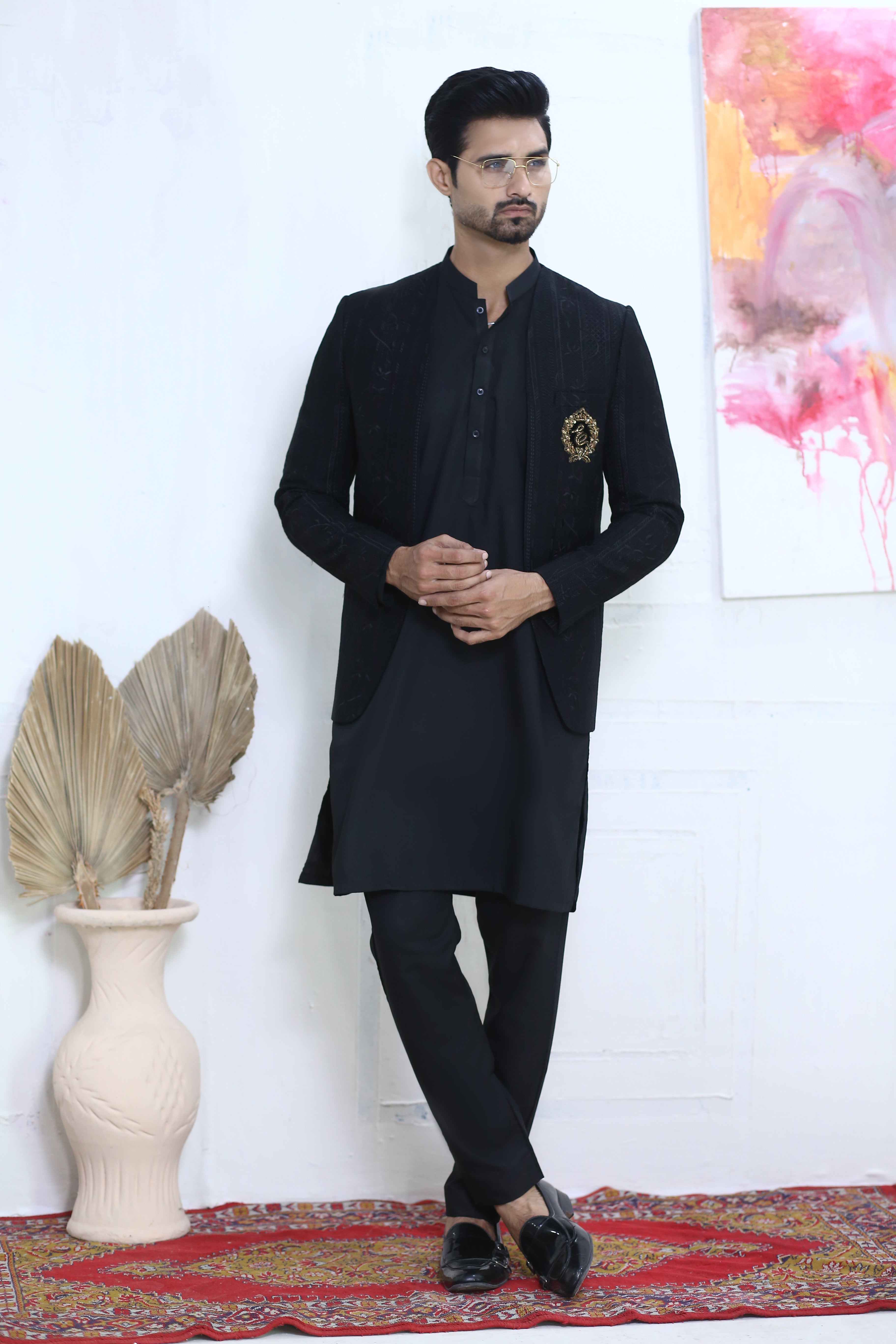 Black Jacquard Prince Coat (3-Piece) - Image 1