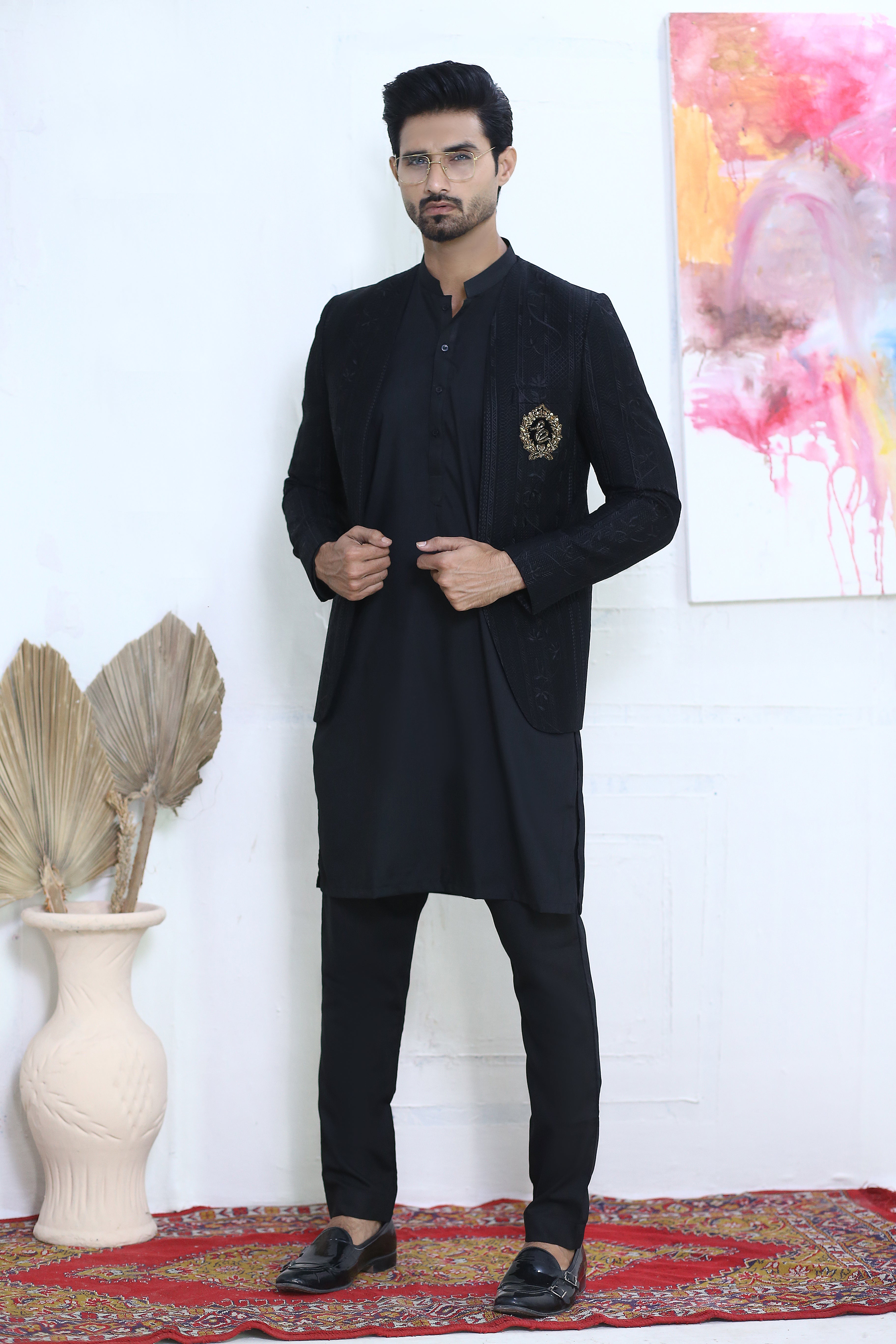 Black Jacquard Prince Coat (3-Piece) - Image 2