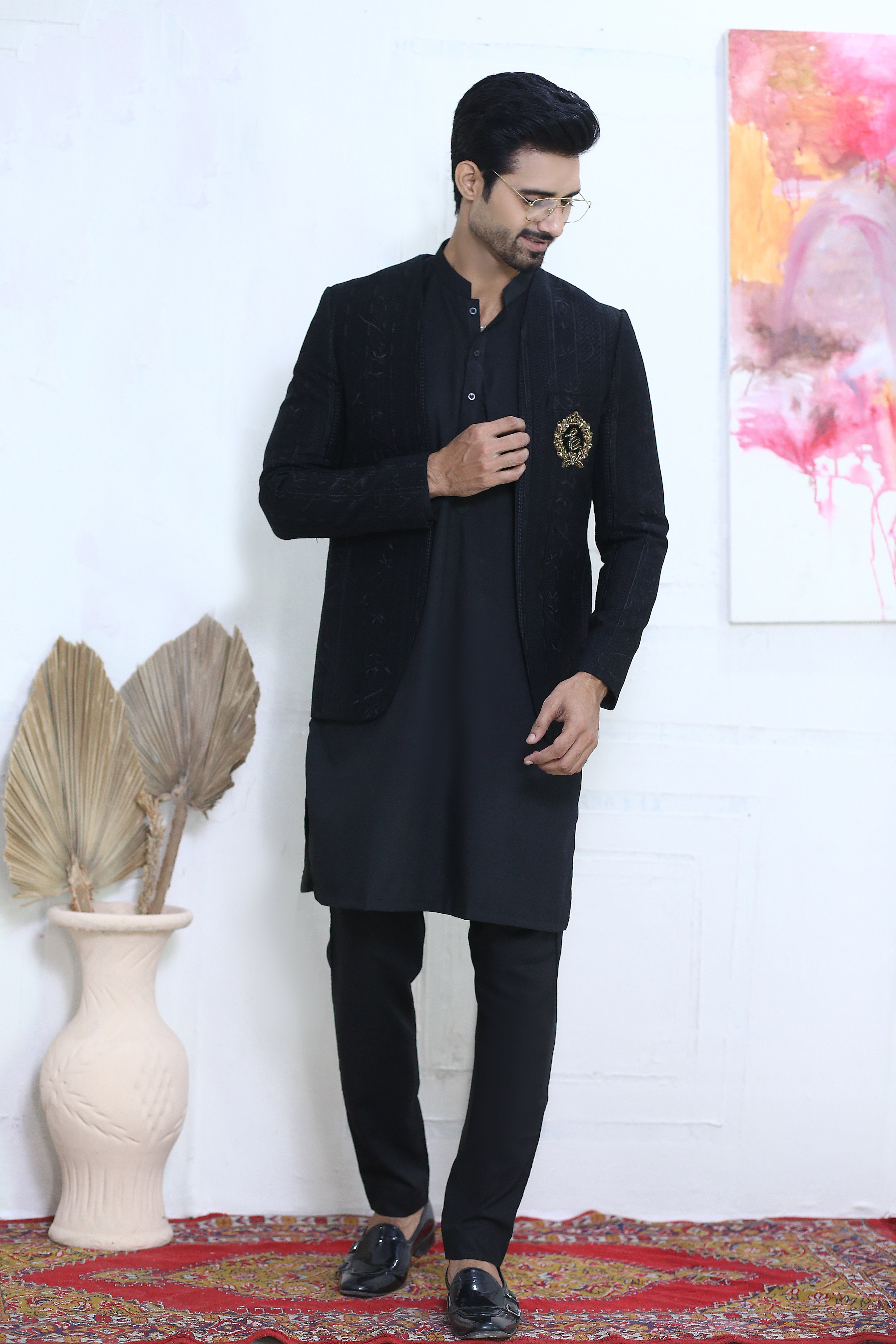 Black Jacquard Prince Coat (3-Piece) - Image 3