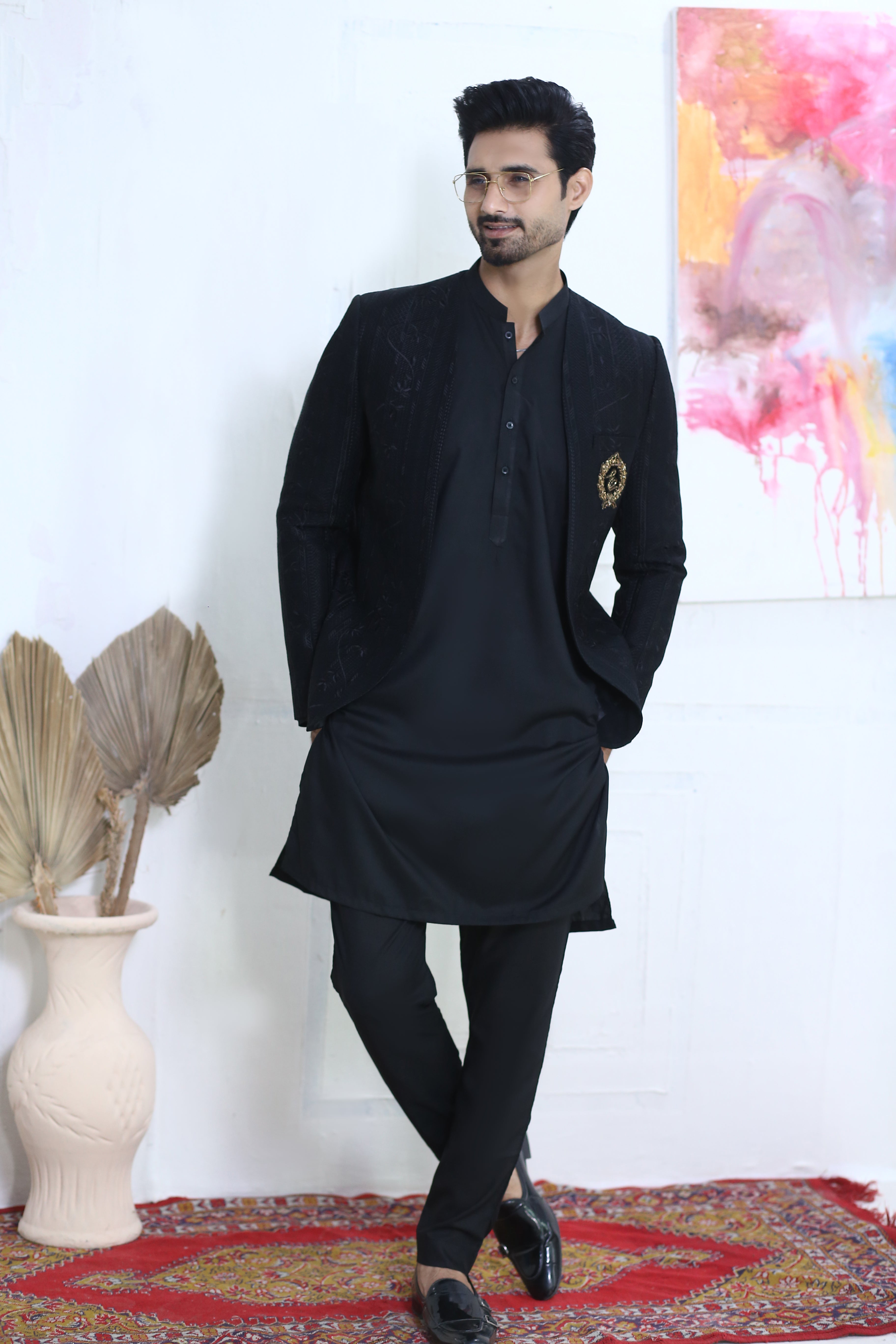Black Jacquard Prince Coat (3-Piece) - Image 5