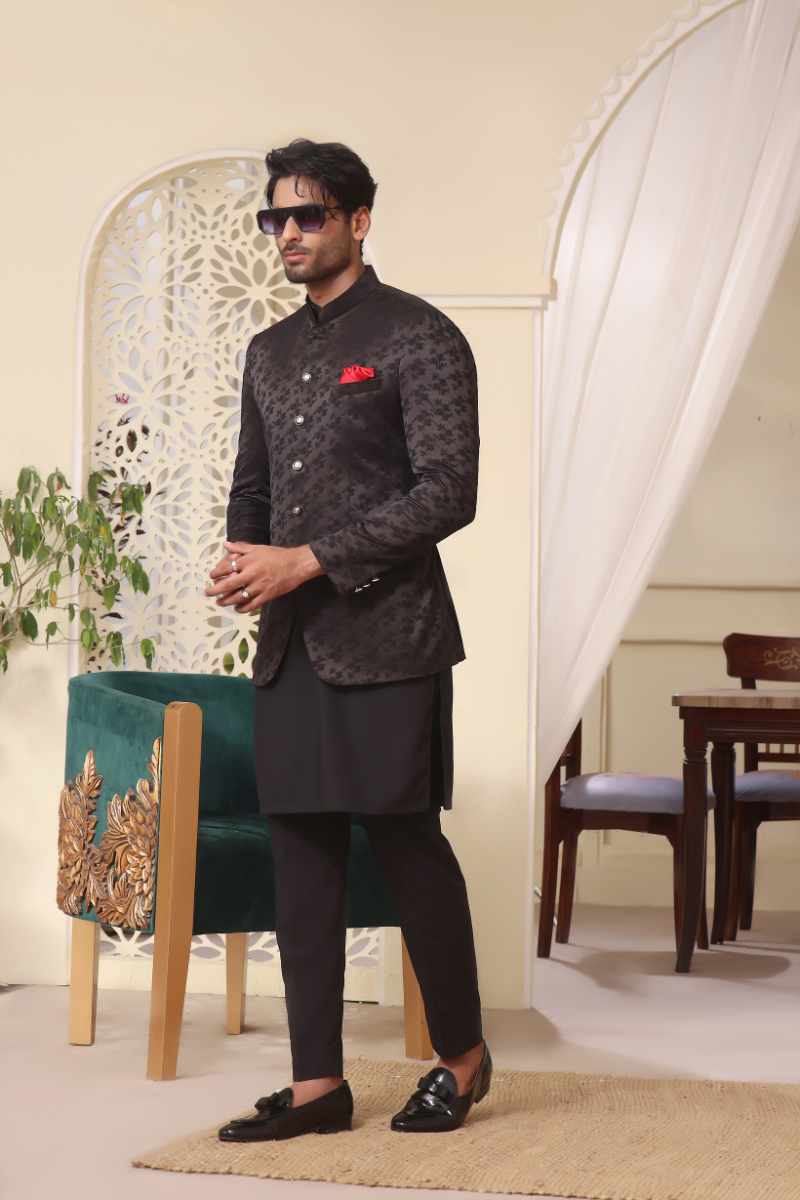 Black Embossed Floral Jacquard Prince Coat (3-Piece) - Image 1