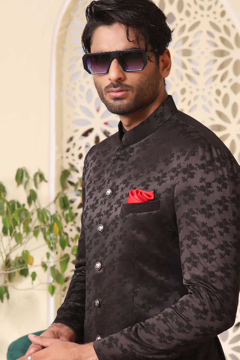 Black Embossed Floral Jacquard Prince Coat (3-Piece) - Image 2